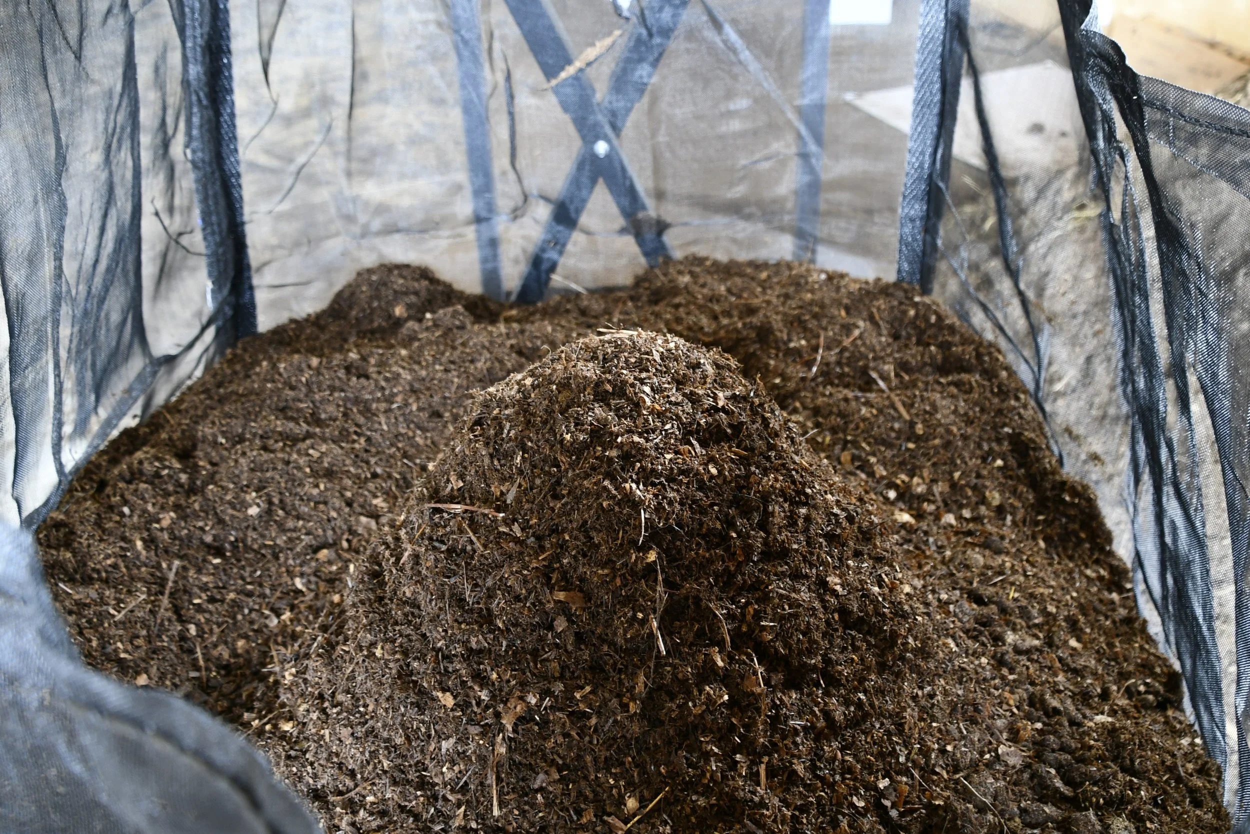 Close-up view of rich, dark soil inside a fabric gardening bag.