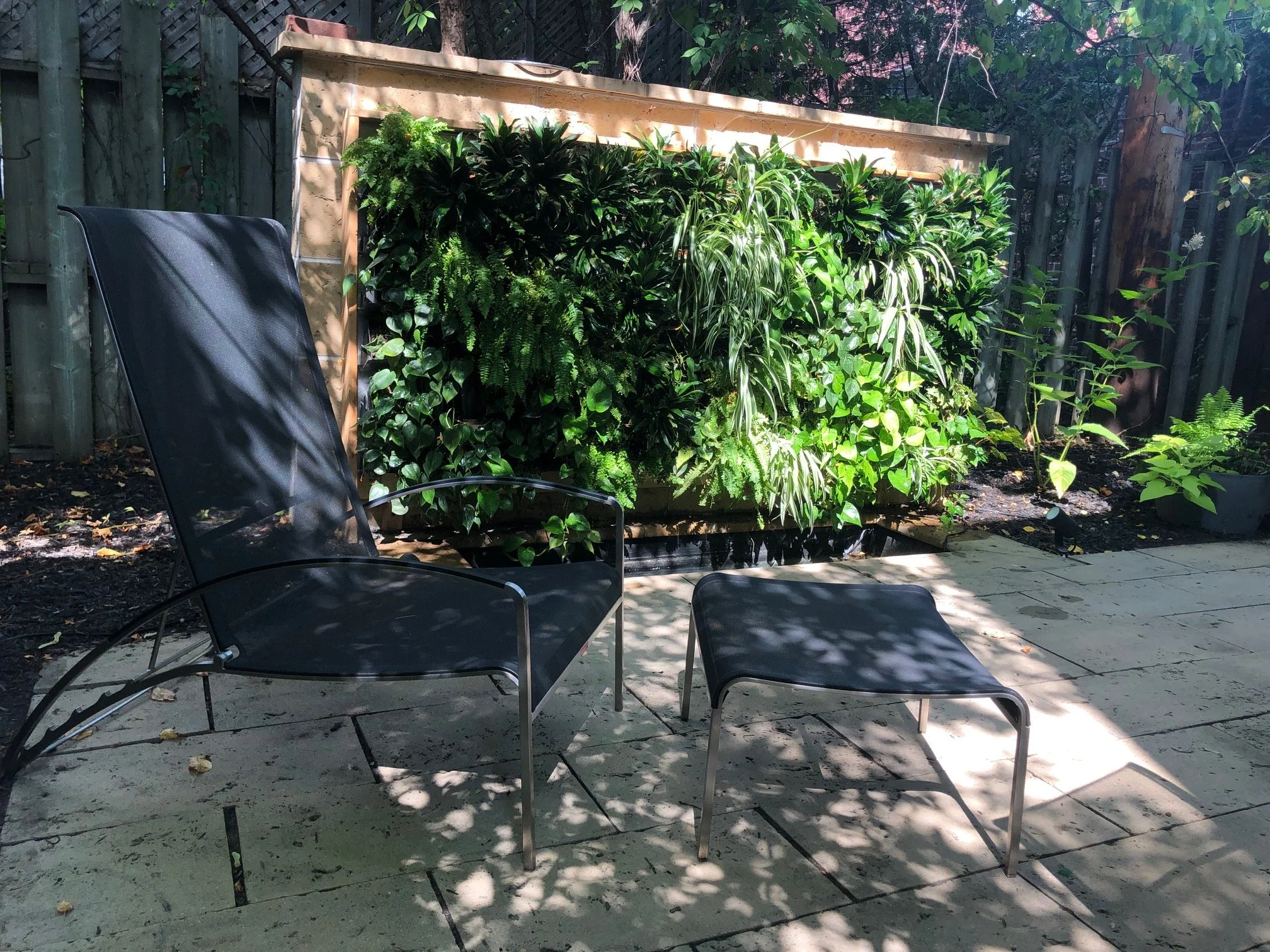Fauteuil noir avec repose-pieds en métal dans un jardin ombragé, avec un mur de jardin vert derrière, entouré de plantes et d'une clôture en bois.