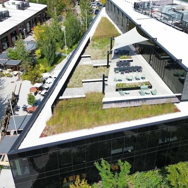 Terrasse urbaine sur le toit d'un bâtiment moderne avec mobilier, végétation et une ombrelle blanche, vue d'en haut.