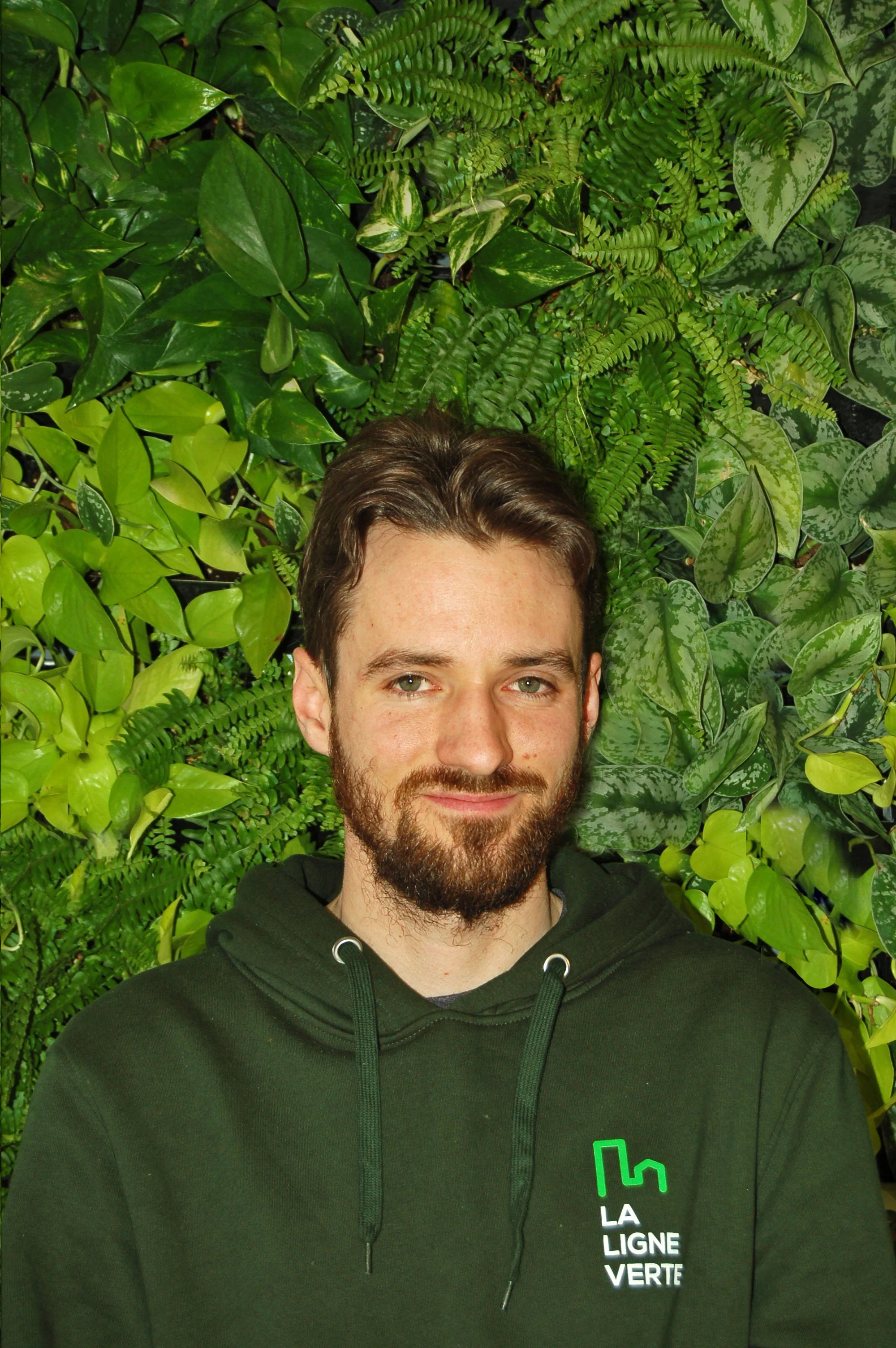 Jeune homme aux cheveux bruns et barbe, portant un sweat à capuche vert avec le logo de La Ligne Verte, devant un mur de plantes vertes
