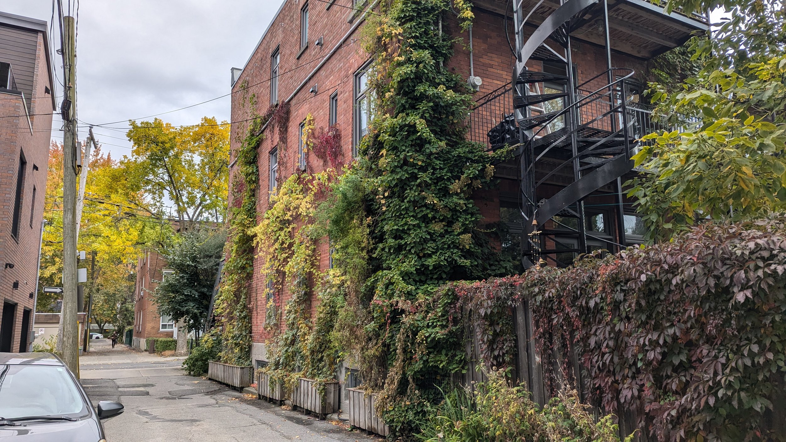 Immeuble en brique rouge avec escaliers en spirale en métal noir à l'extérieur, entouré de plantes et d'arbres en automne.