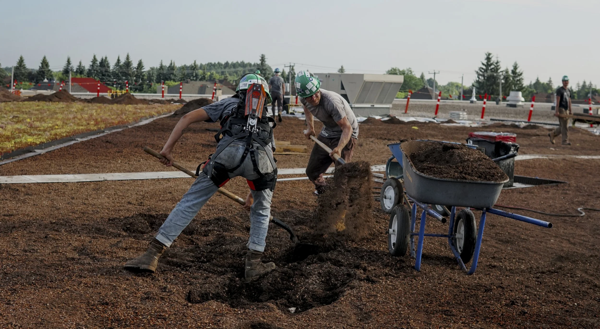 Travailleurs en train de faire des travaux de terrassement, transférant de la terre dans une brouette sur un site de construction.
