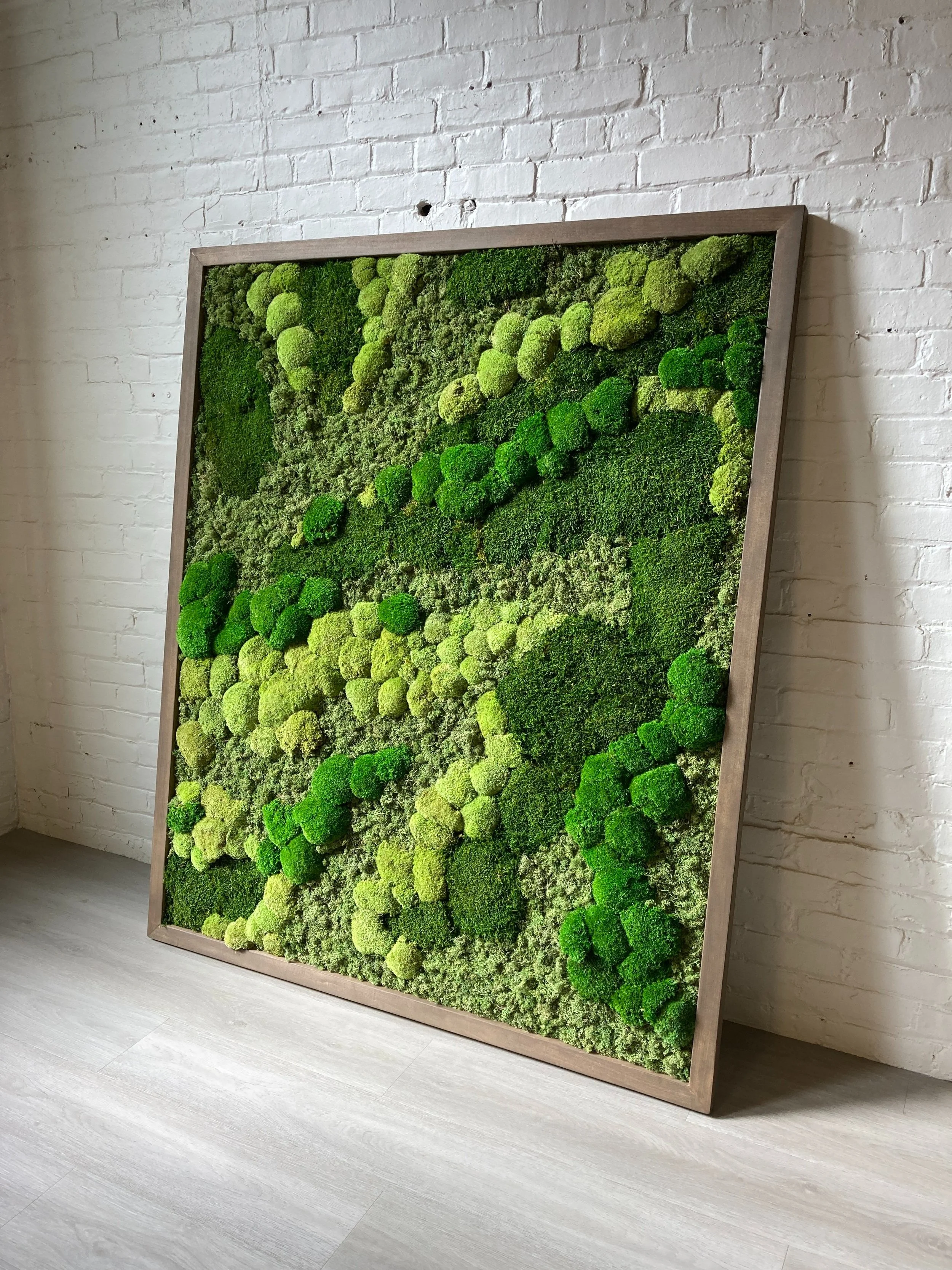 Un tableau de mousse verte avec différentes textures et nuances, encadré en bois, posé contre un mur en briques blanches.