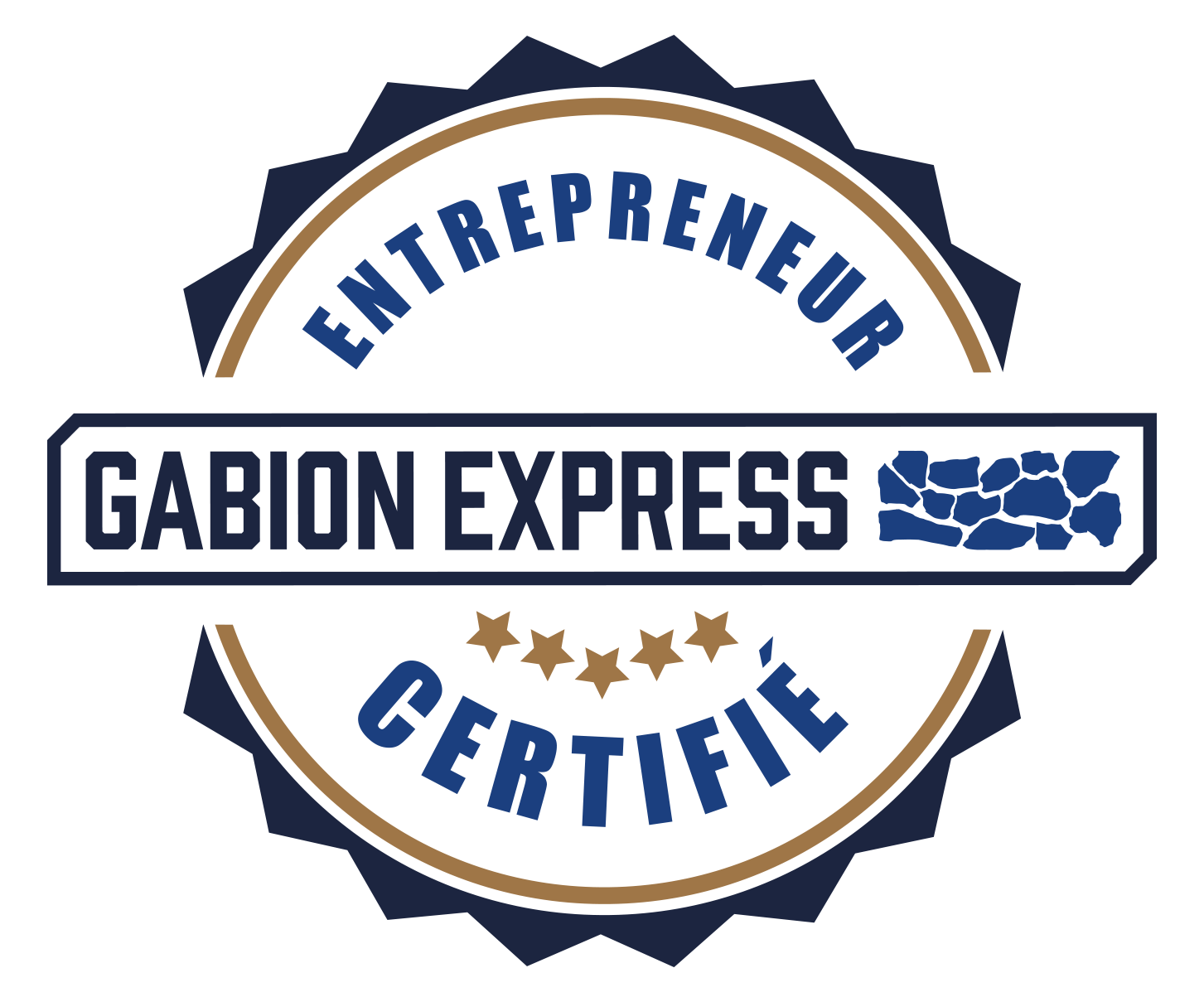 Logo certifié de l'entreprise Gabion Express avec un cercle, des étoiles, et des mots en français.