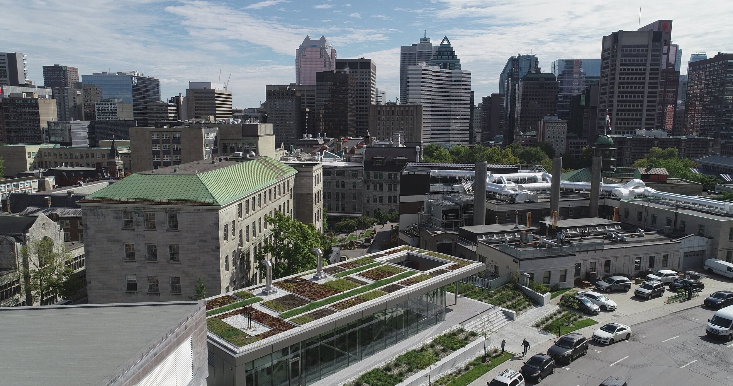 Paysage urbain avec de nombreux bâtiments modernes et anciens, un parking avec des voitures, un toit avec des plantations, et un ciel partiellement nuageux.