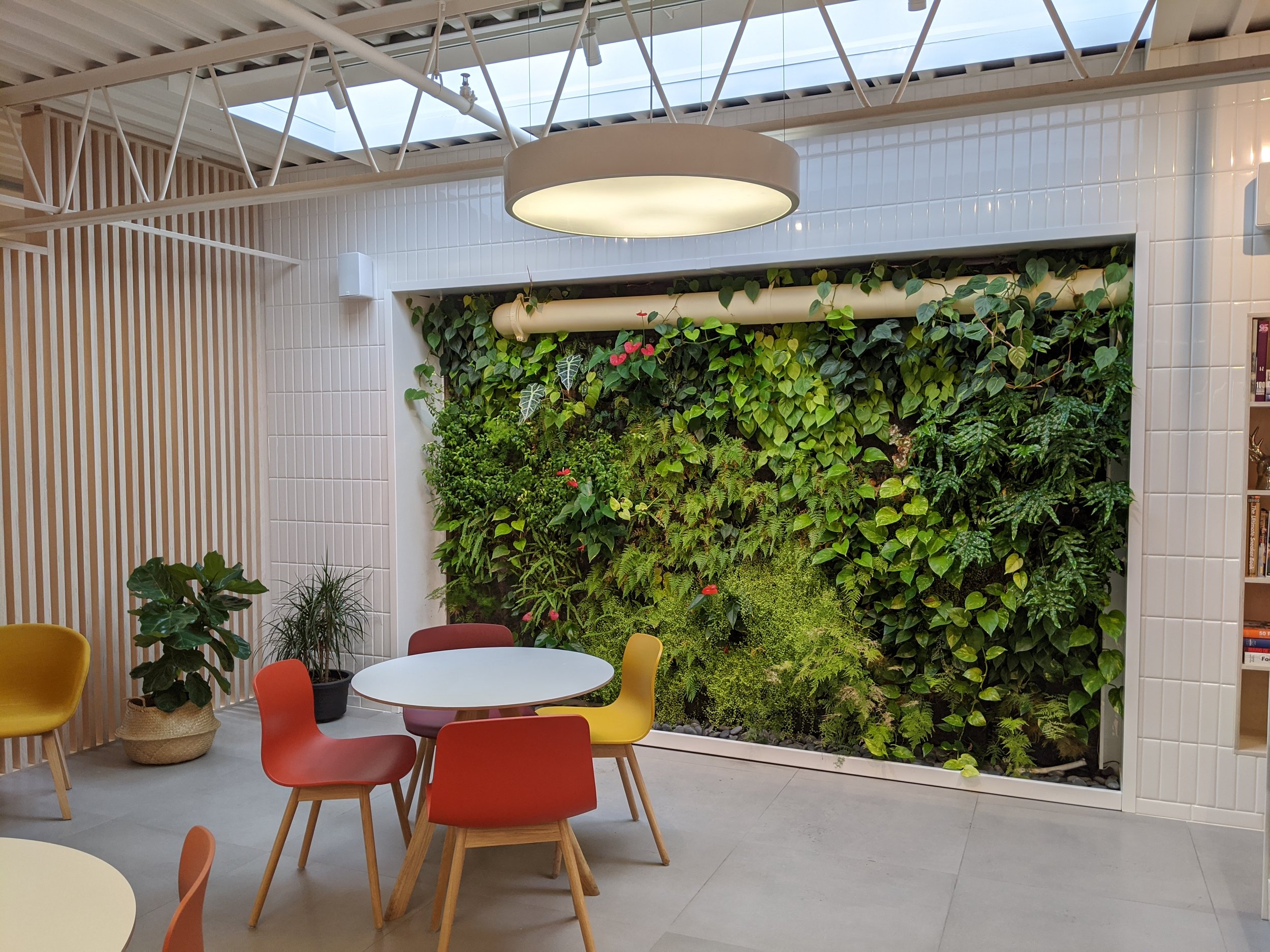 Espace intérieur avec mur végétal, mobilier coloré et éclairage moderne.