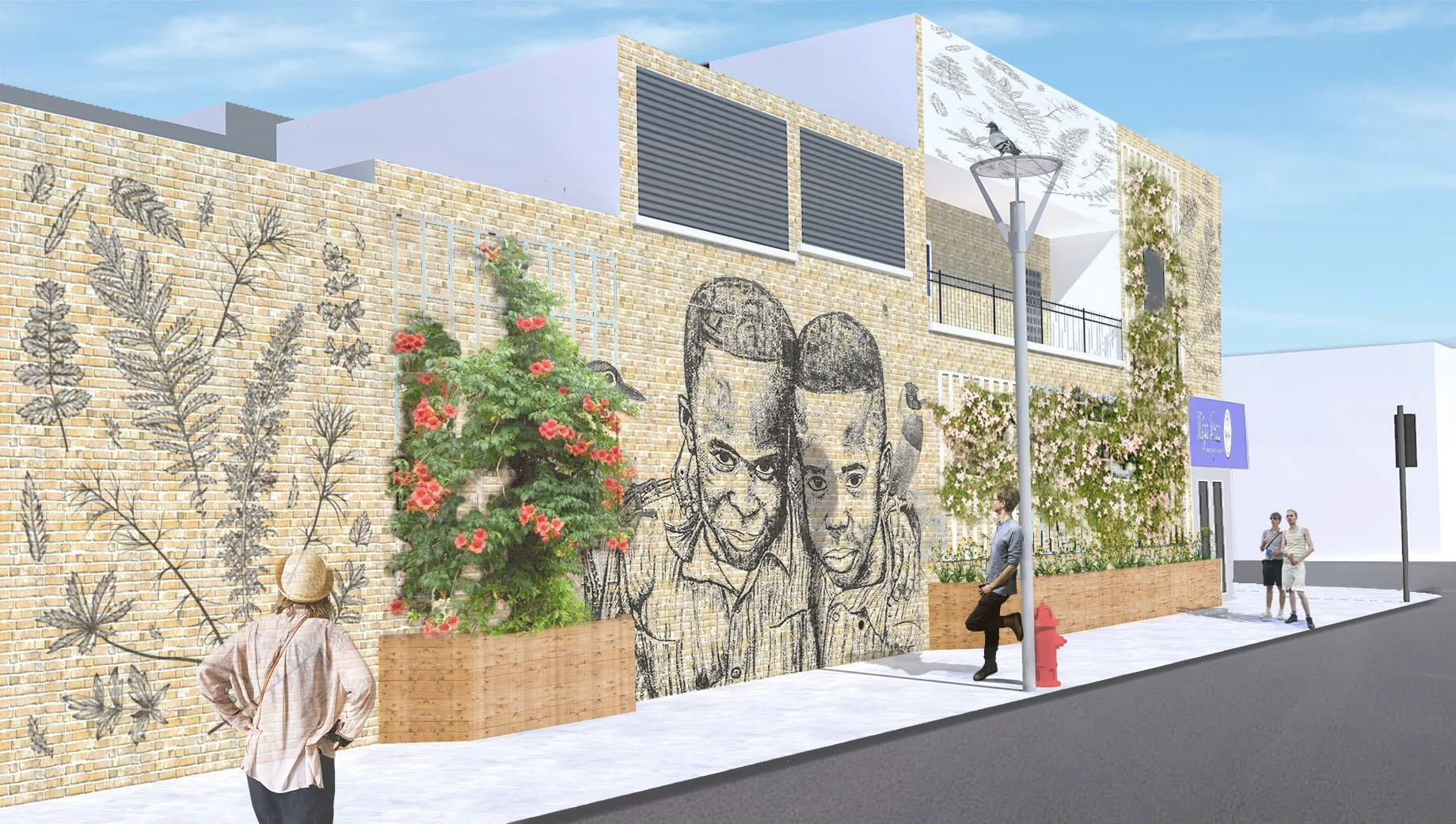 Mur en briques avec une fresque en noir et blanc représentant deux adolescentes, plantes grimpantes et fleurs colorées, lampadaire, et des personnes marchant ou se tenant devant.