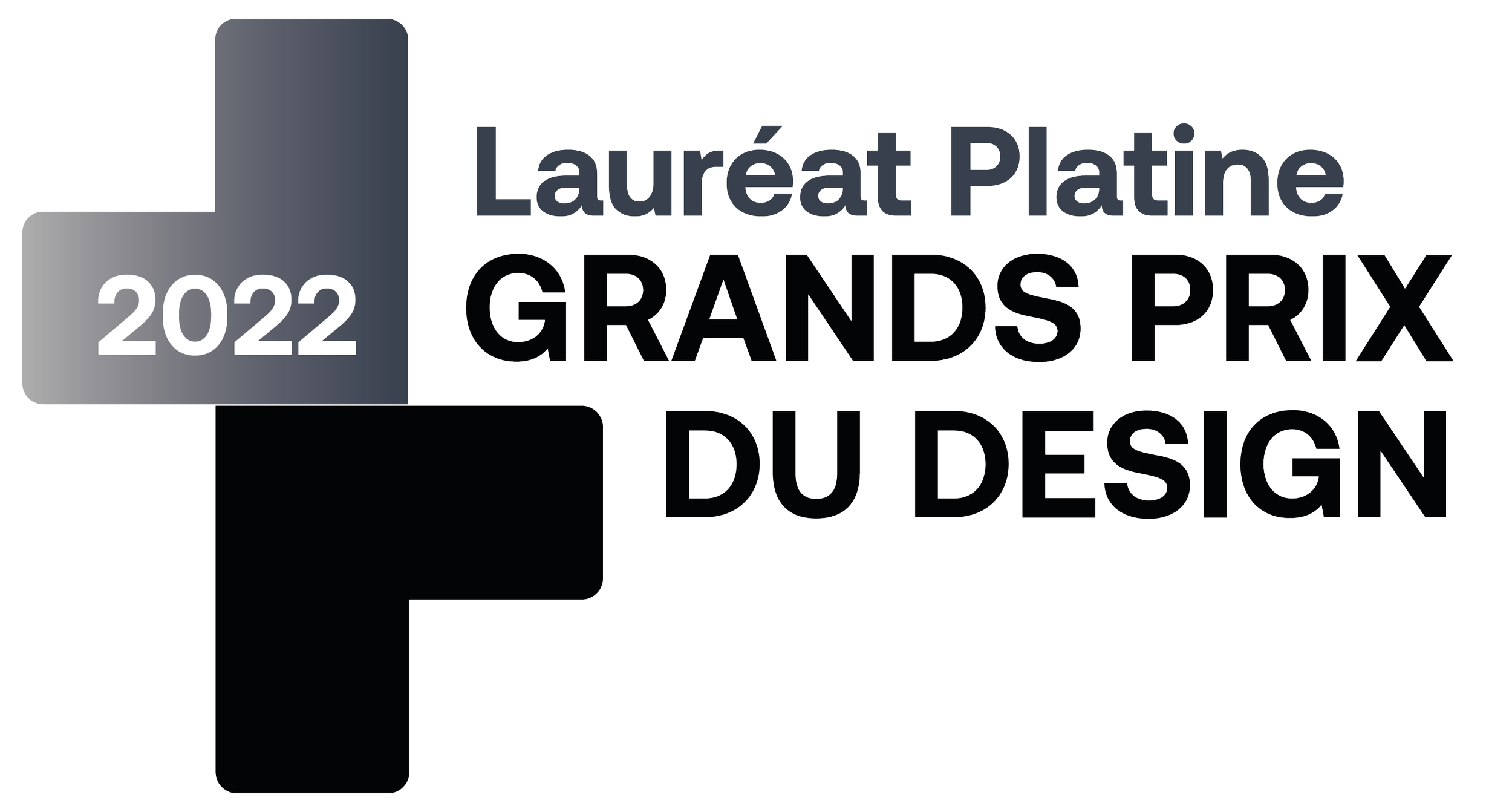 Logo de la compétition Le Grand Prix du Design 2022, avec le nom Lauréat Platine et une médaille grise indiquant 2022.
