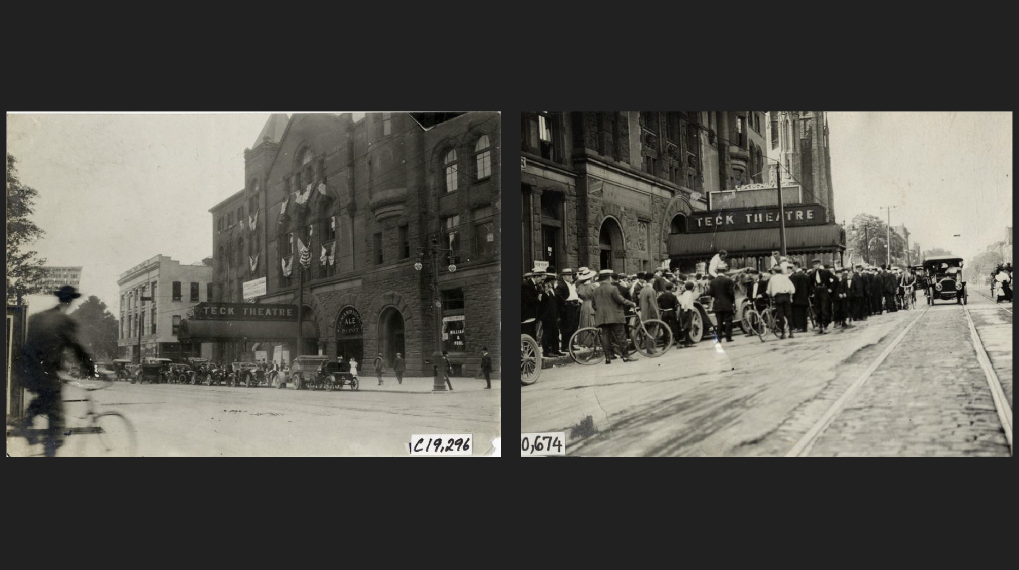  Exterior views of the Teck Theatre during the 1908 Glidden automobile tour, 766 Main Street, Buffalo, New York, July 9, 1908. Photographs by unknown photographer. Detroit Public Library collection. Image public domain. 