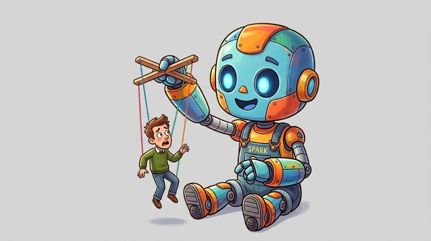 Criança-robô segurando um ser humano em miniatura como se fosse uma marionete. O robô está curioso com a situação, enquanto que o humano está assustado.
