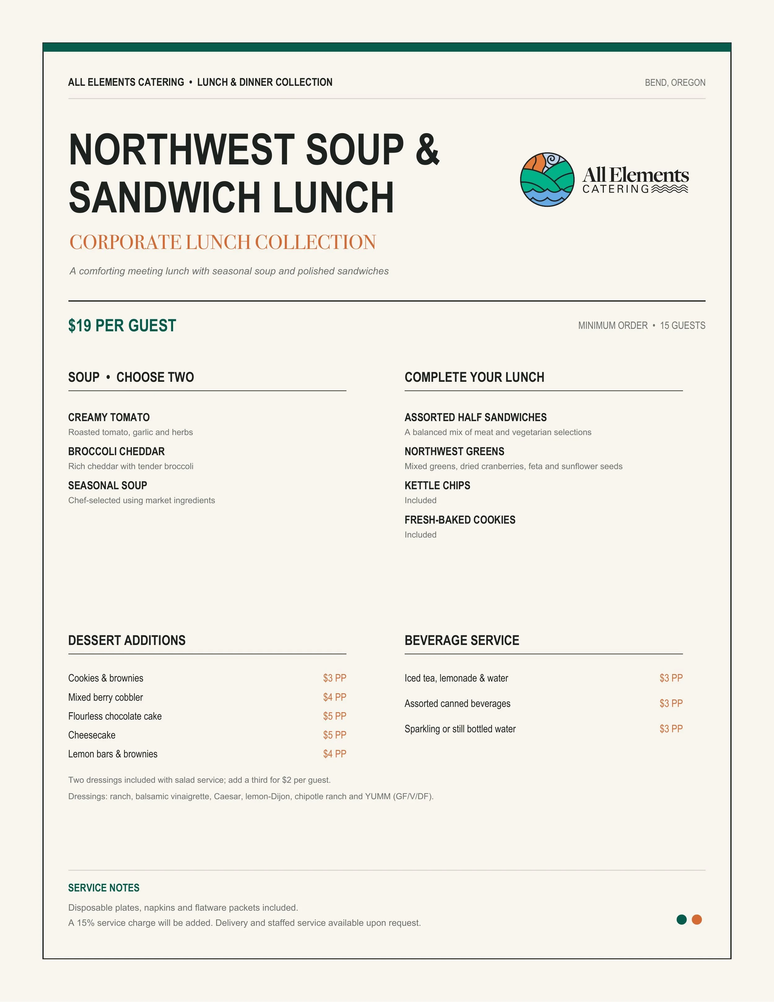 All Elements Catering Northwest Soup and Sandwich lunch menu