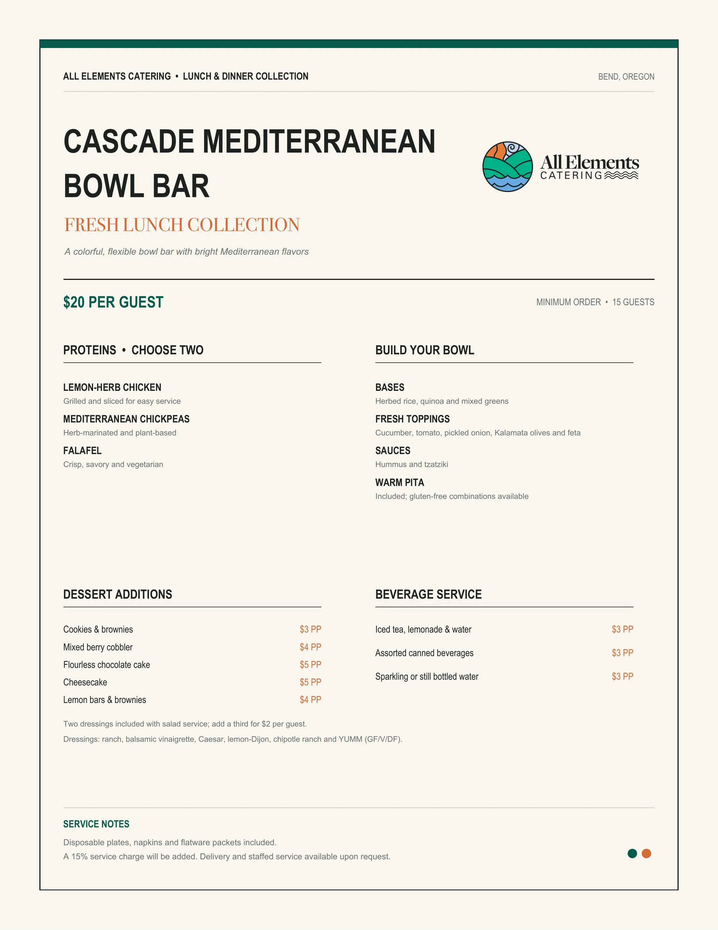 Lunch and dinner catering menu for All Elements Catering, Bend, Oregon, featuring a Mediterranean bowl bar with options for proteins, bases, toppings, sauces, and sides, including dessert options and beverages.