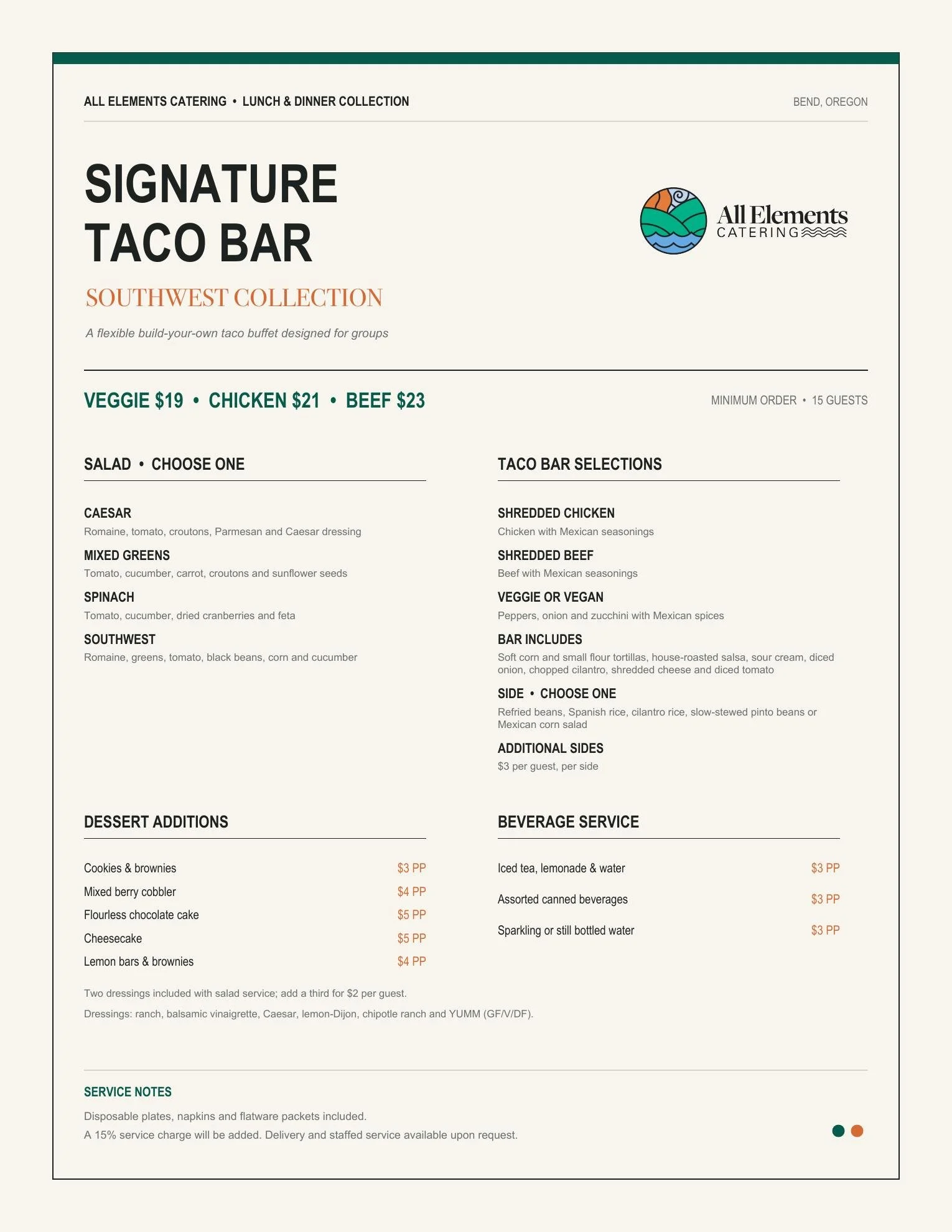 All Elements Catering Signature Taco Bar catering menu