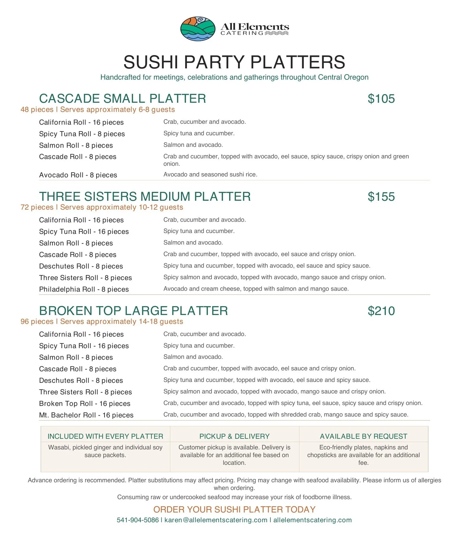 Menu from All Elements Catering listing various sushi party platters, including options like Small, Medium, Large, and premium selections, with descriptions of different sushi rolls and pricing, suitable for meetings, celebrations, and gatherings in Central Oregon.