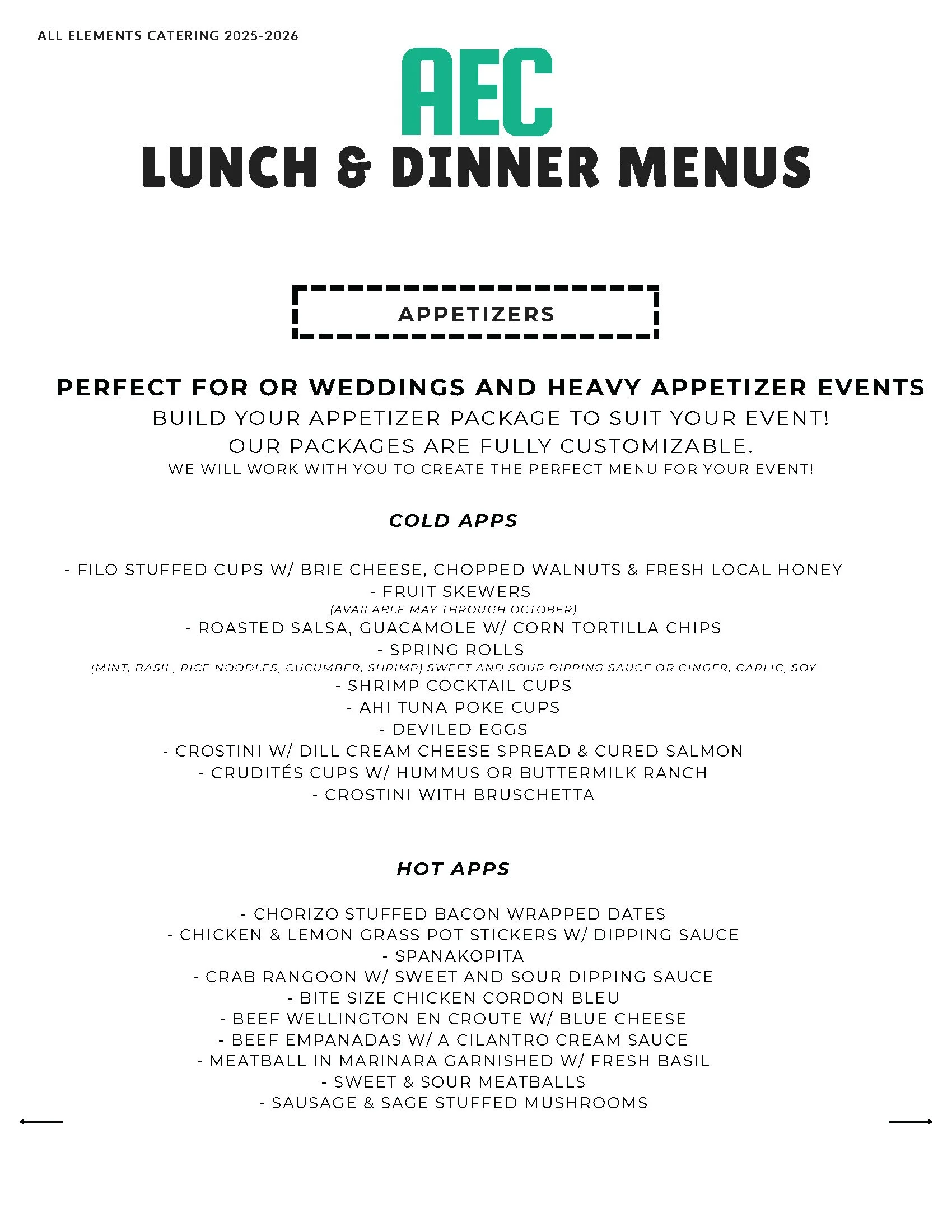 2026 Appetizers menu All Elements Catering Bend Oregon