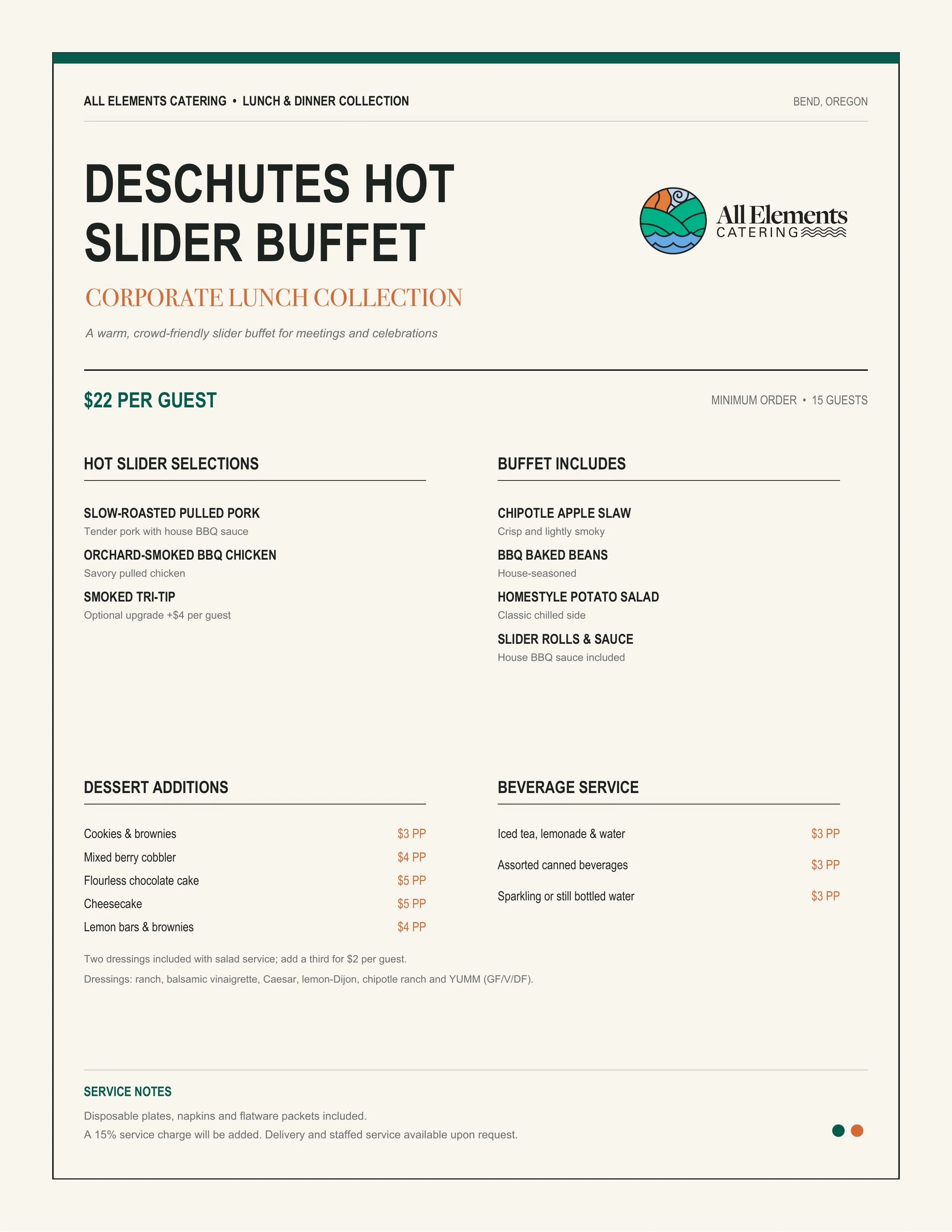 All Elements Catering Deschutes Hot Slider Buffet lunch menu