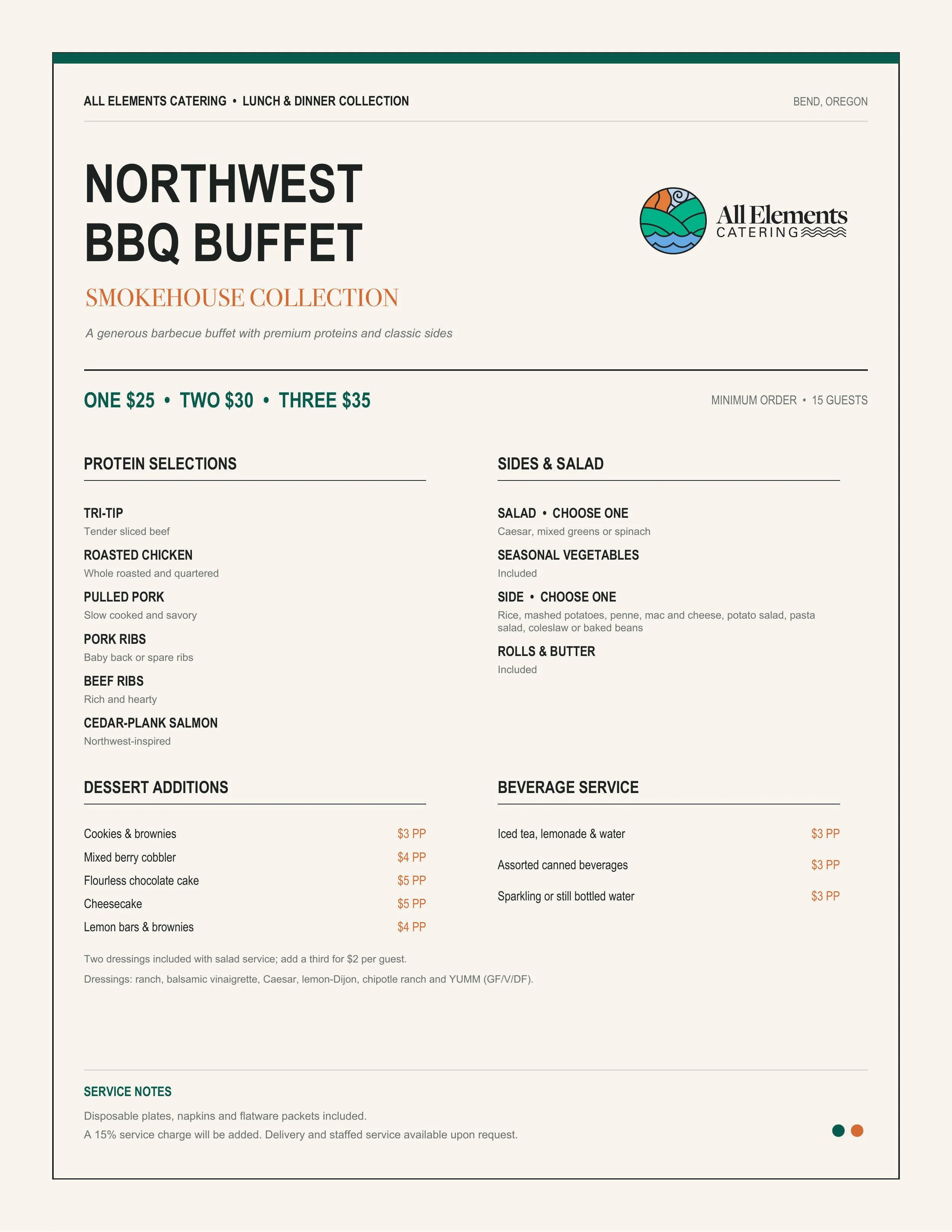 Menu for Northwest BBQ Buffet at All Elements Catering in Bend, Oregon featuring options such as tender sliced beef, whole roasted and quartered chicken, pulled pork, baby back or spare ribs, and cedar-plank salmon. Sides include salad, seasonal vegetables, rice, mashed potatoes, and more. Desserts like cookies, brownies, cobbler, cake, and lemon bars. Beverages include iced tea, lemonade, water, canned drinks, and bottled water.