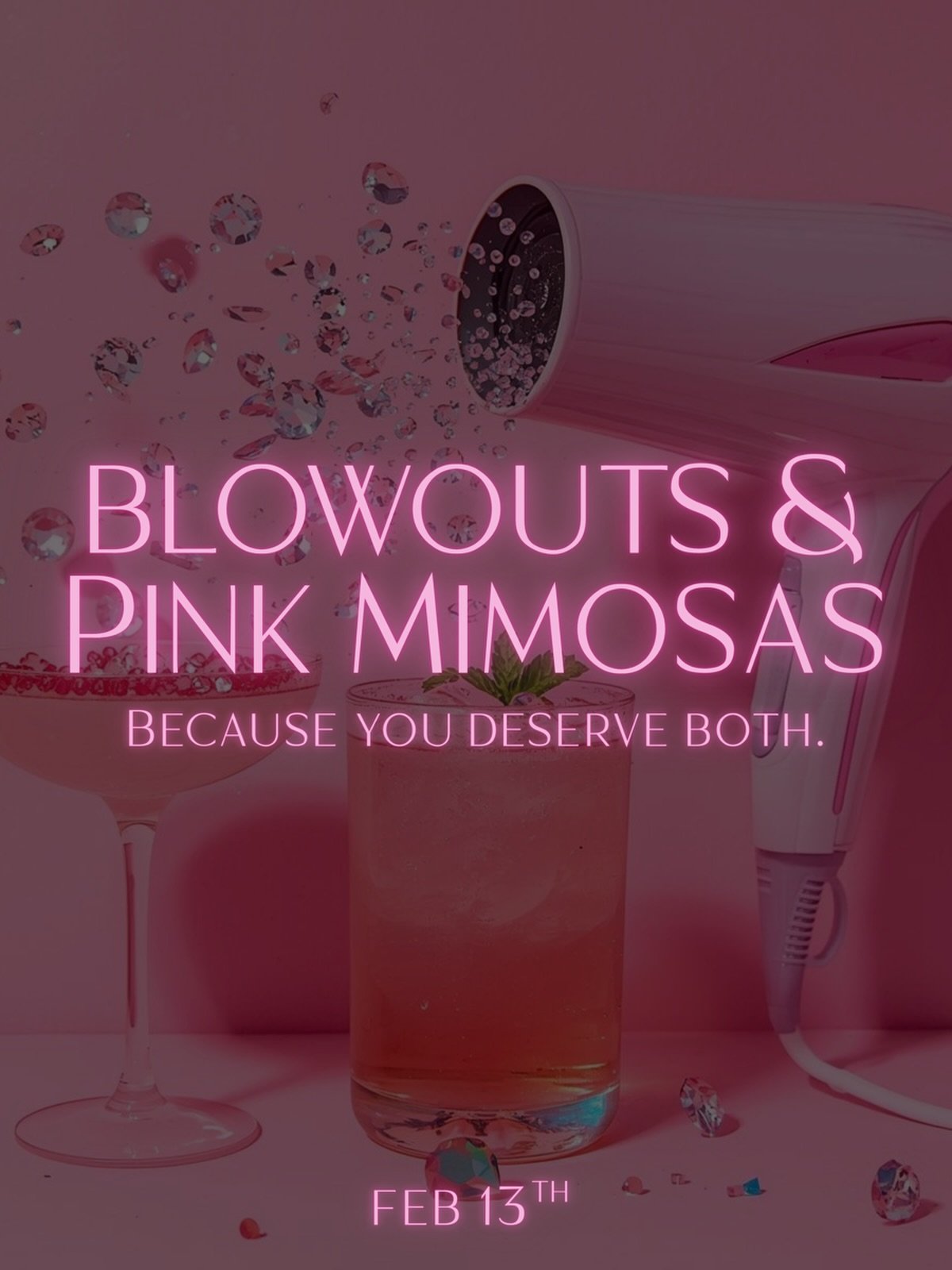Your pre-Valentine plans are calling 💗
Blowouts + pink mimosas at The Standard tomorrow, February 13th. Appointments are filling fast! Book now before we&rsquo;re fully booked!