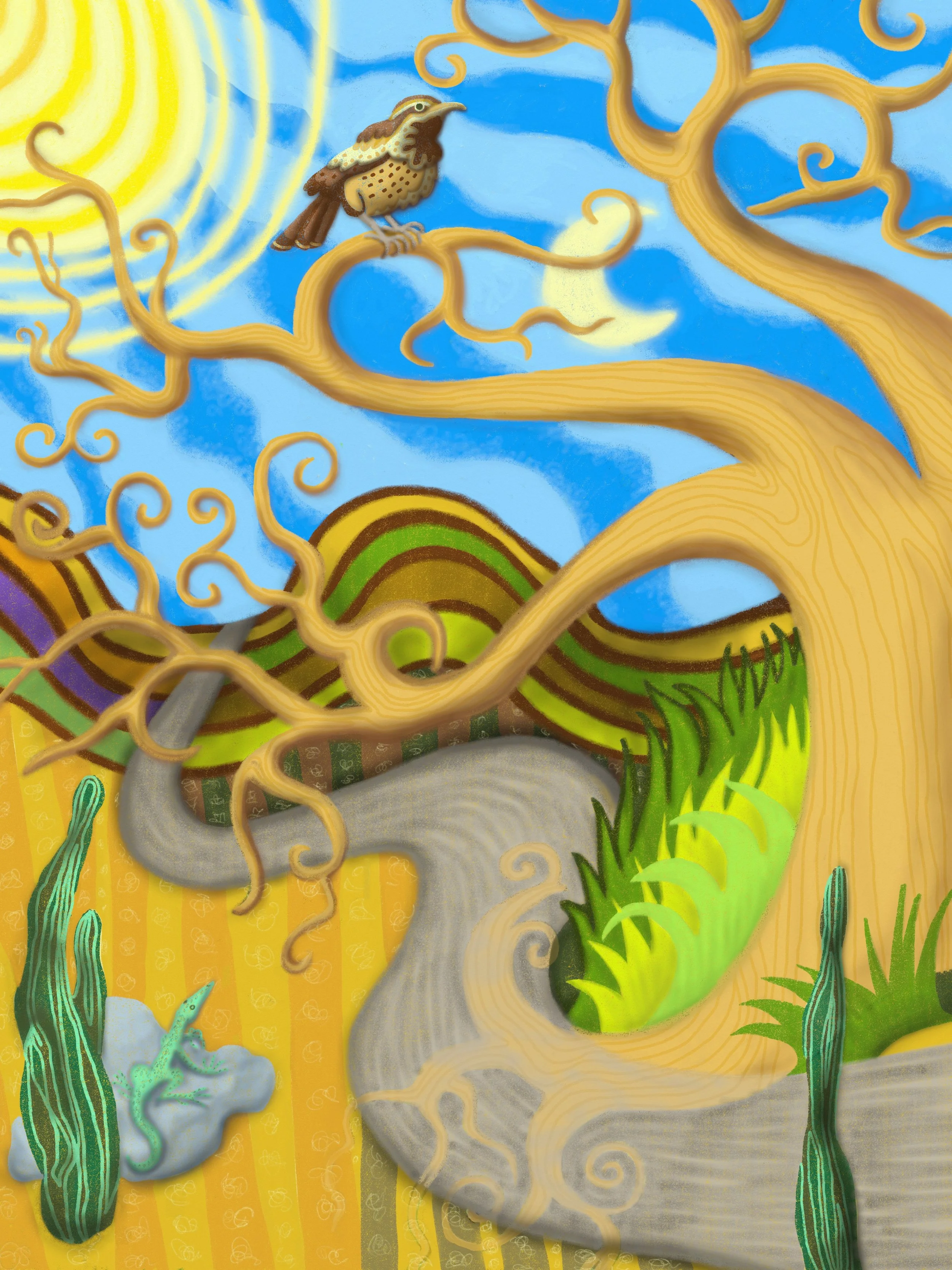 Colorful mural depicting a bird perched on a swirling golden tree branch against a vibrant sky with a bright sun, clouds, and winding pathways surrounded by lush green grass and plants.
