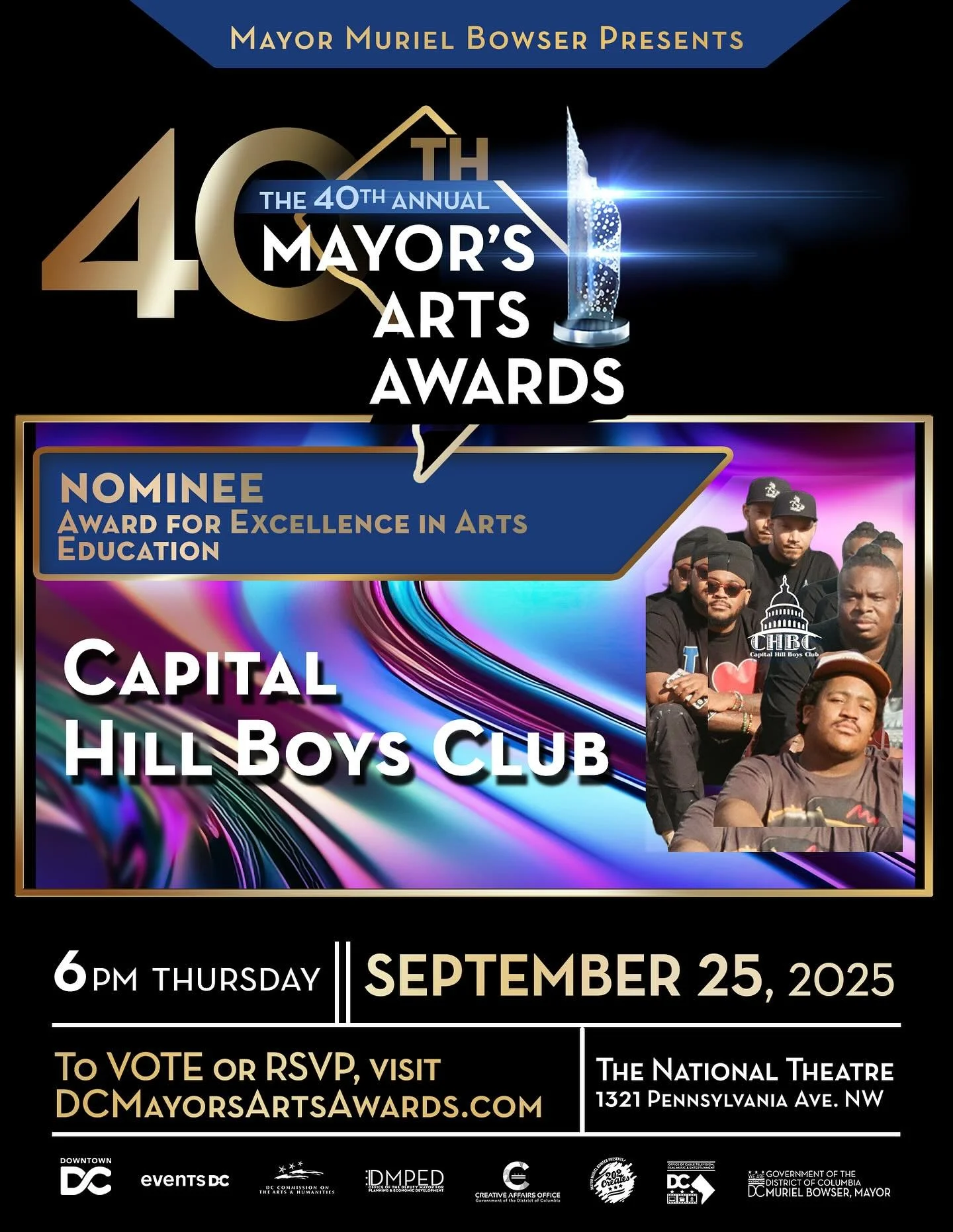 Framily, it&rsquo;s voting time! 

Capital Hill Boys Club is up for the 40th Annual Mayor&rsquo;s Arts Awards and we would love your support. 
 
Vote now through Sept 22 at  dcmayorsartsawards.com.

It only takes a minute to make a big impact! The li