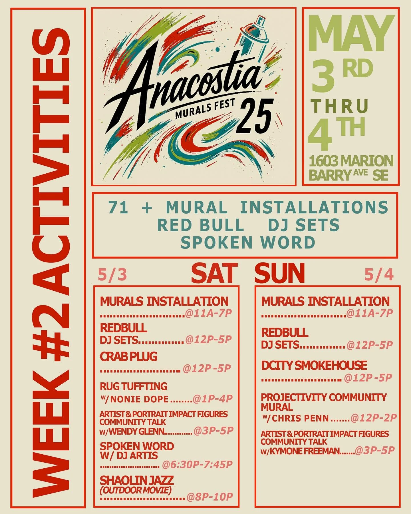 Week 2 of the Anacostia murals festival is here with a weekend filled with art and music and activities! There are so many people to thank for an amazing opening weekend. Look out for the week 1 recap in our reels. Check out the weekend #2 schedule a