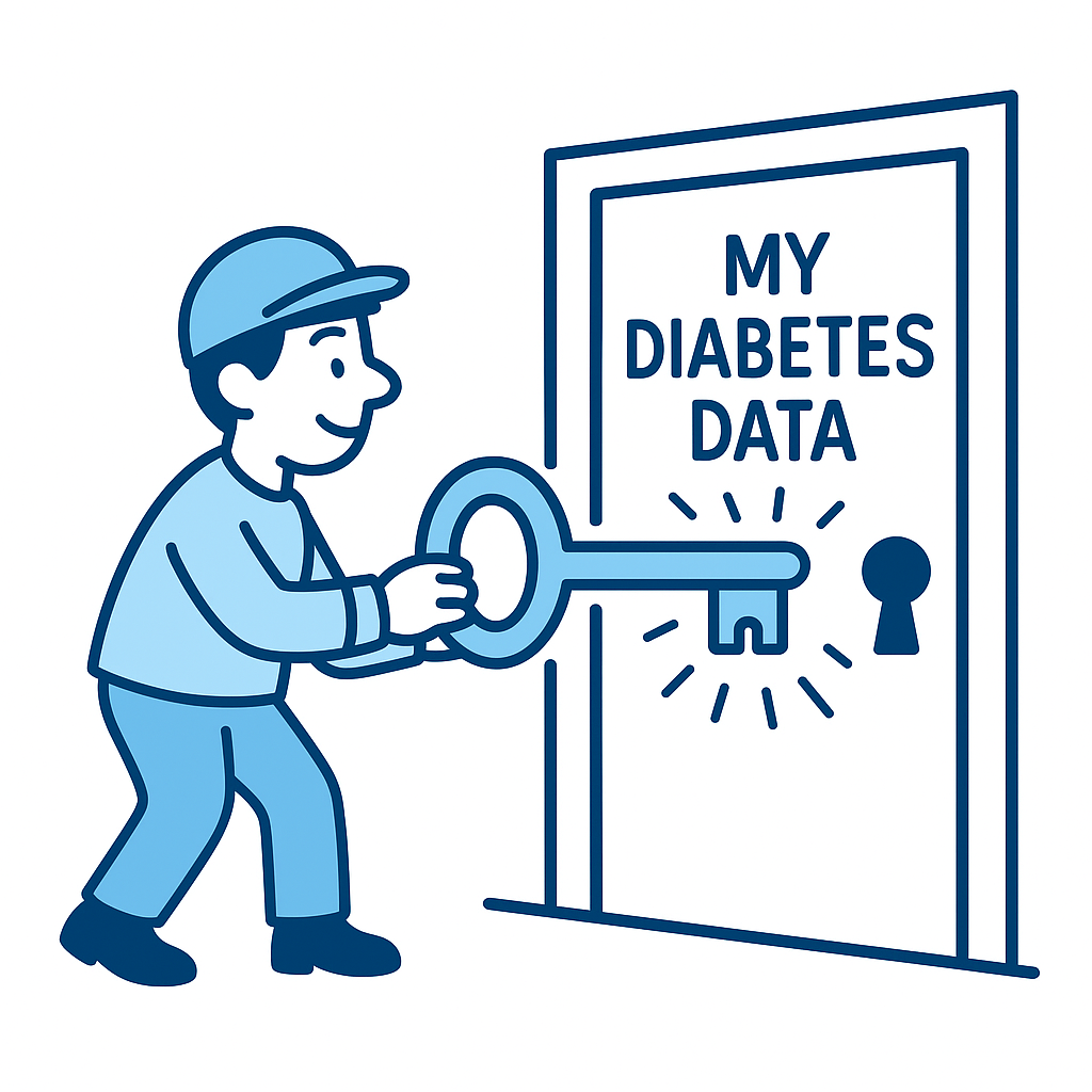 Illustration of a person holding a large key and unlocking a door labeled 'My Diabetes Data'.