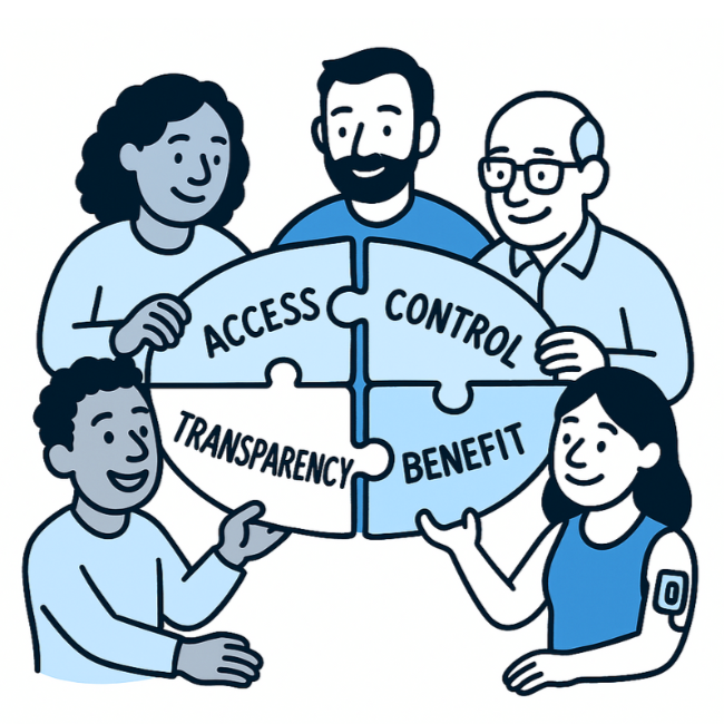 Illustration of five diverse people holding a puzzle piece with words 'Access,' 'Control,' 'Transparency,' and 'Benefit' on it, symbolizing collaboration and data sharing.