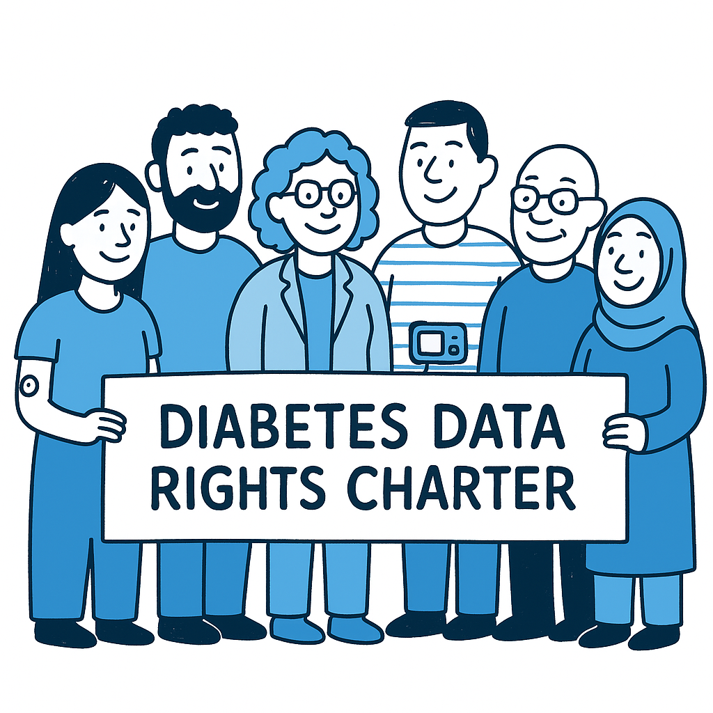 Illustration of diverse group of people holding a sign that reads 'Diabetes Data Rights Charter'