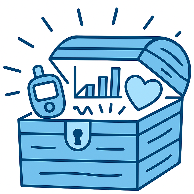 A drawing of a treasure chest with items inside, including a bar graph, a heart, a mobile phone, and a lamp, with rays indicating brightness or value.