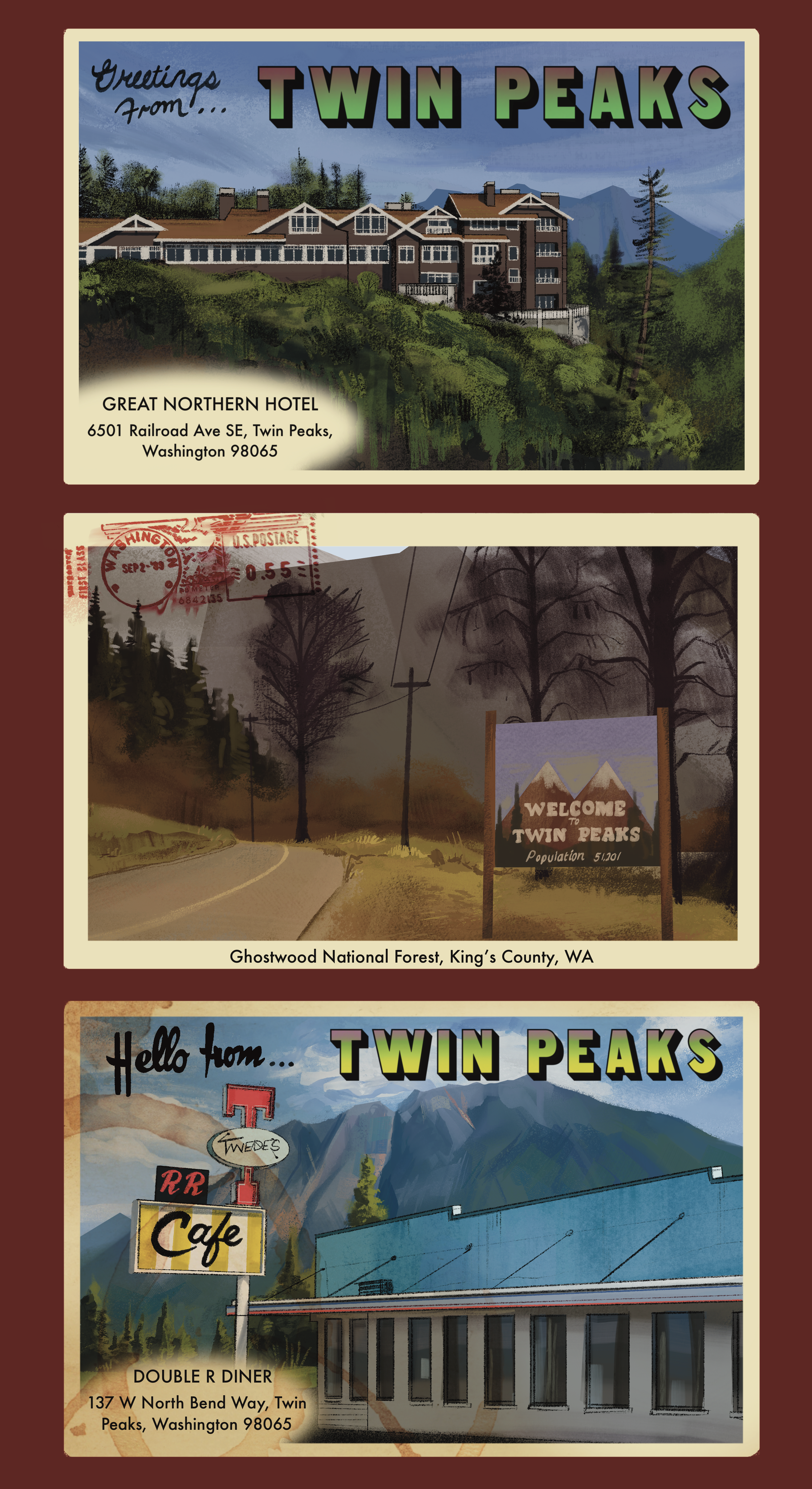 Diptych created for and on display at The Frida Cinema's Twin Peaks lobby art show (Feb - Mar 2026).