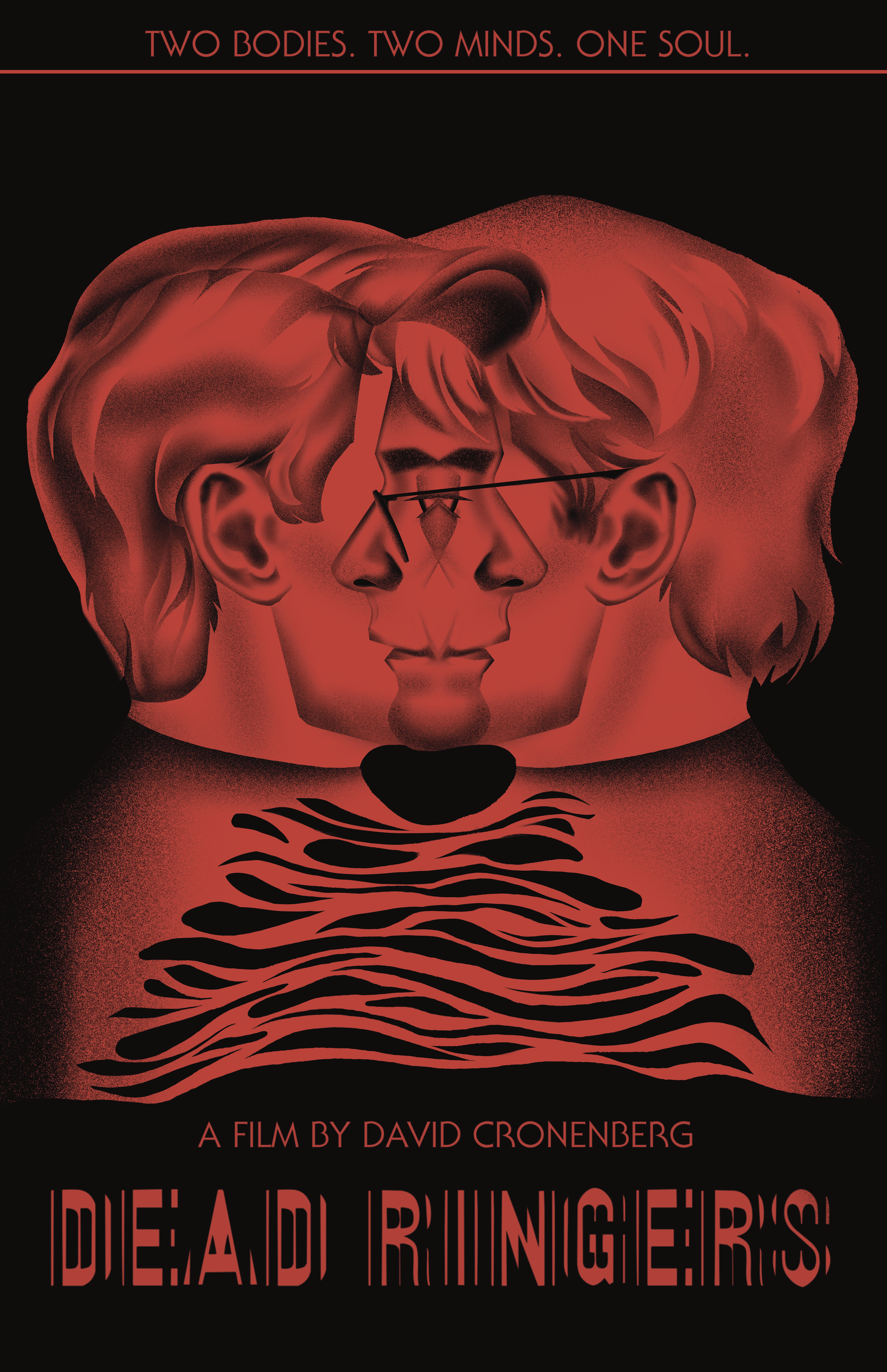 A film poster featuring a stylized illustration of a person's face split into two profiles facing each other, with red and black color scheme. The tagline reads 'Two bodies. Two minds. One soul.' The title 'Die and Repeat' and the director's name 'A 
