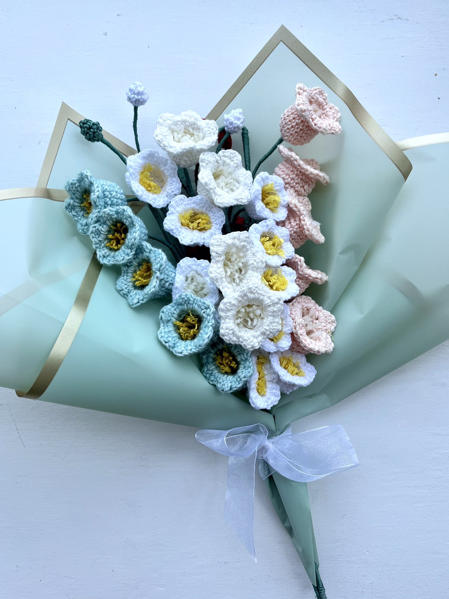 Crochet lily of the valley bouquet wrapped