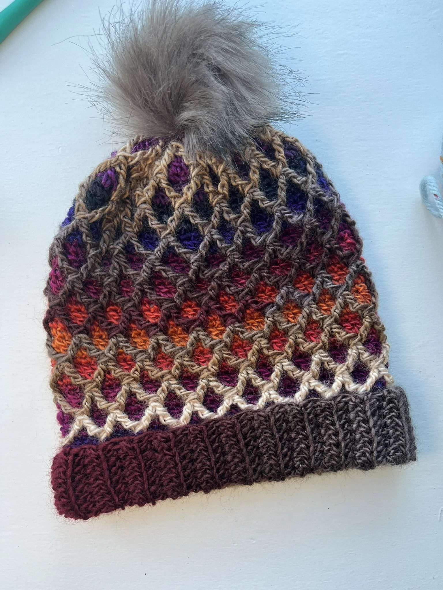 Crochet Diamond Beanie, Handmade Winter Hat, Chunky Womens Beanie, Colourful Wool Hat, Christmas Gift, One of a Kind