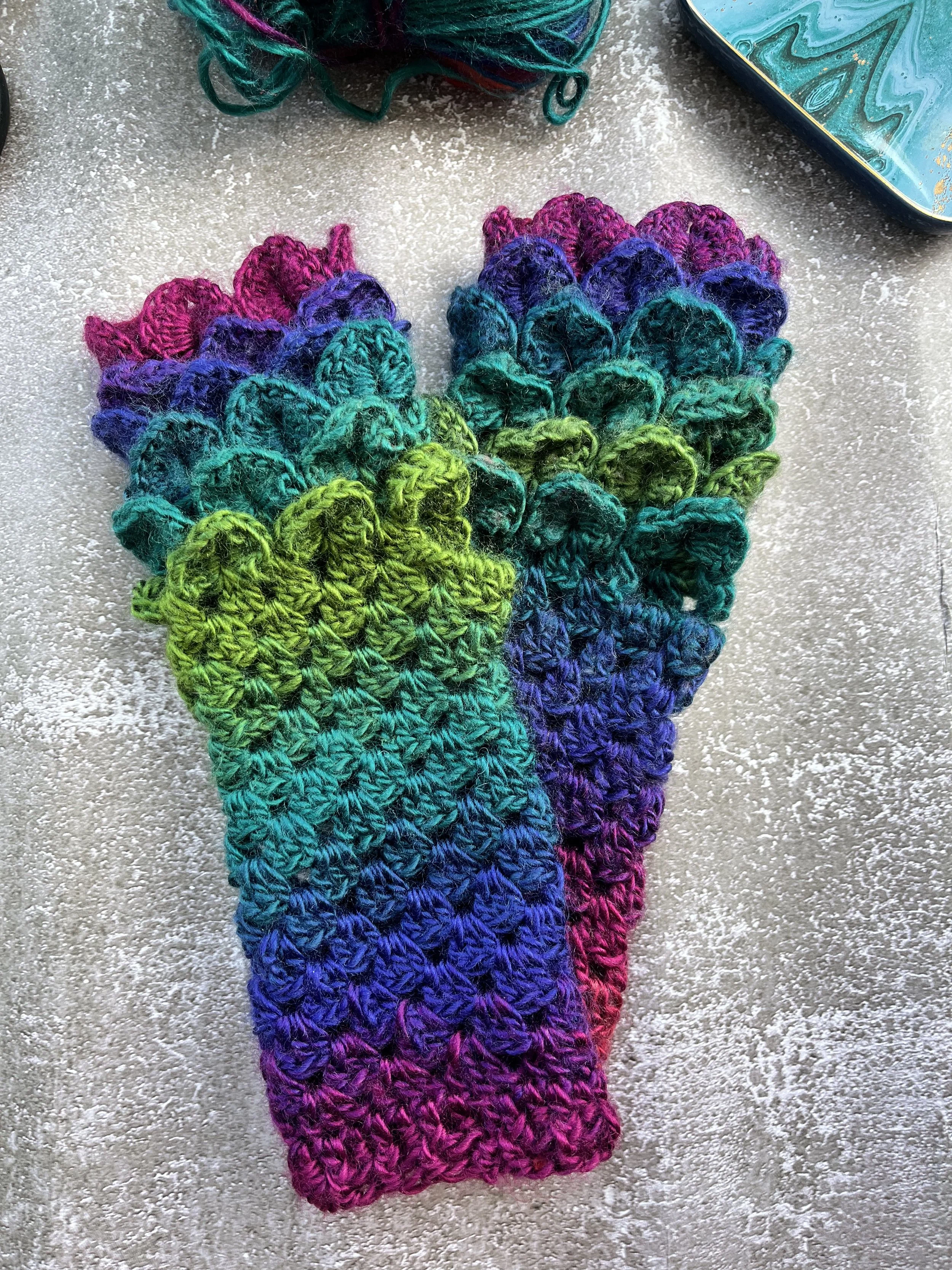 Crochet Dragon Scale Fingerless Gloves, Multi Coloured, Handmade One of a Kind design