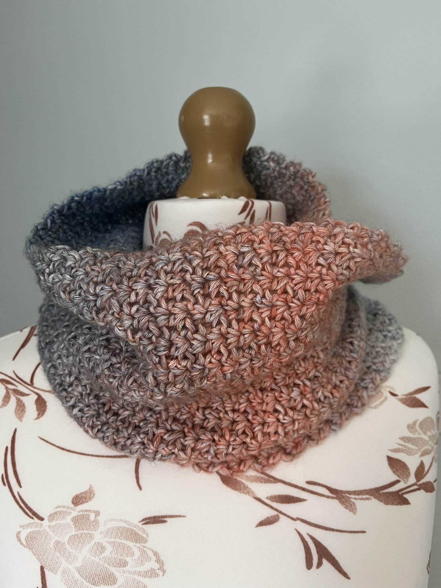 Crochet Infinity Scarf, Handmade Blue & Coral Warm and soft cowl, Chunky Autumn, Winter Neck Warmer, Womens Winter Gift
