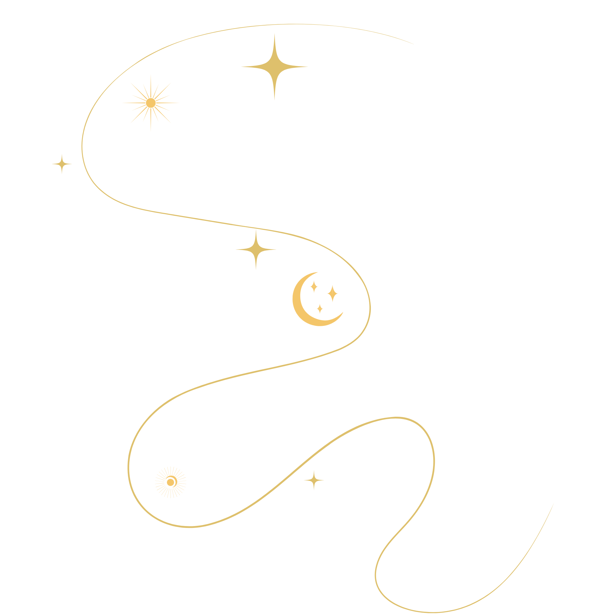 Stylized illustration of a winding moonlit sky with stars, a crescent moon, and a sun in gold on a black background.