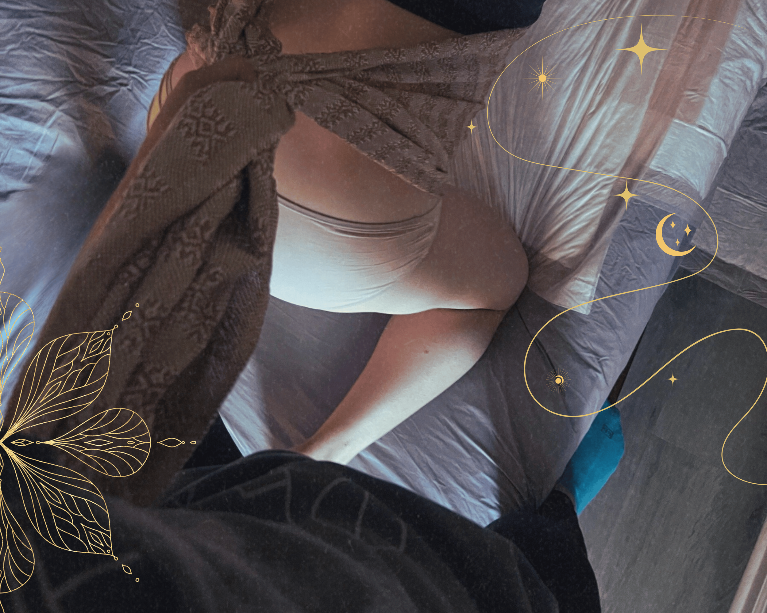 Birth doula support using rebozo technique with pregnant mom in labor, with decorative overlay of gold stars, moon, and leaf design graphics