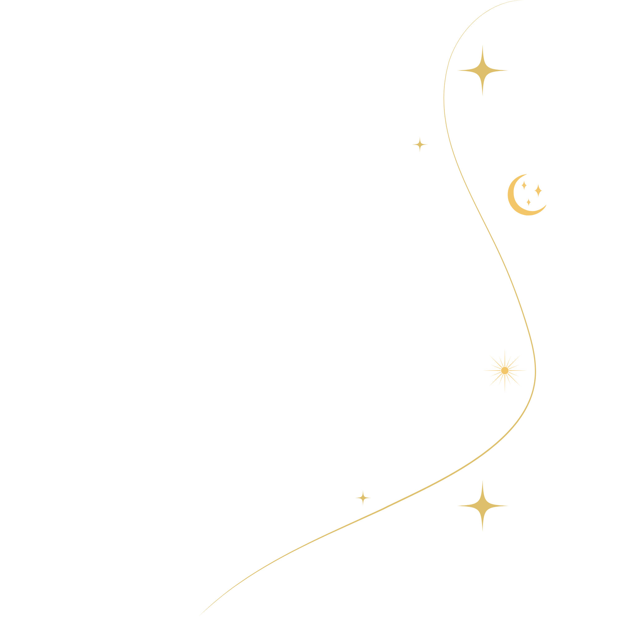 Black background with gold stars, crescent moon, and a curved line pattern.