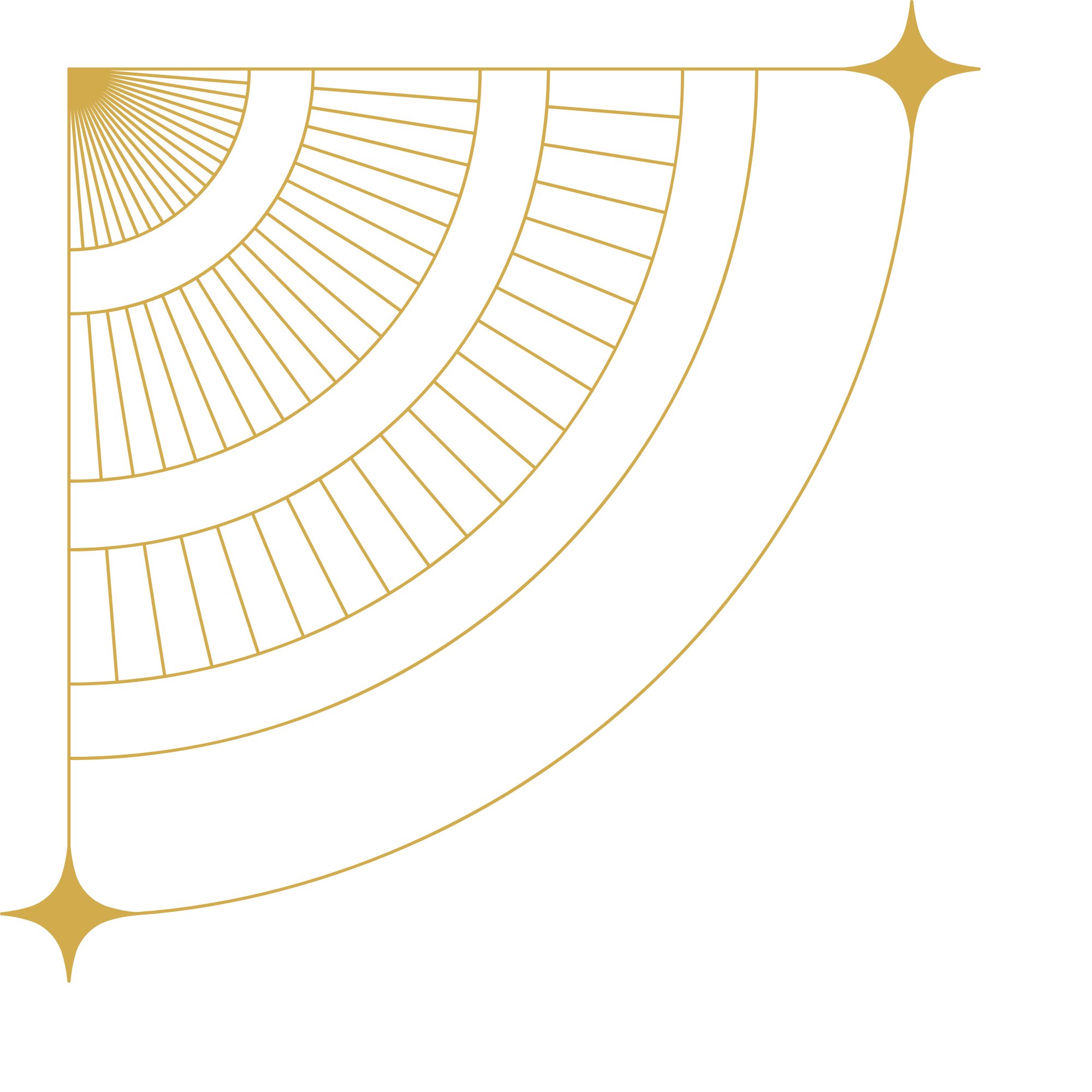 Gold geometric spiral pattern with radiating lines on a black background, with decorative corner accents.