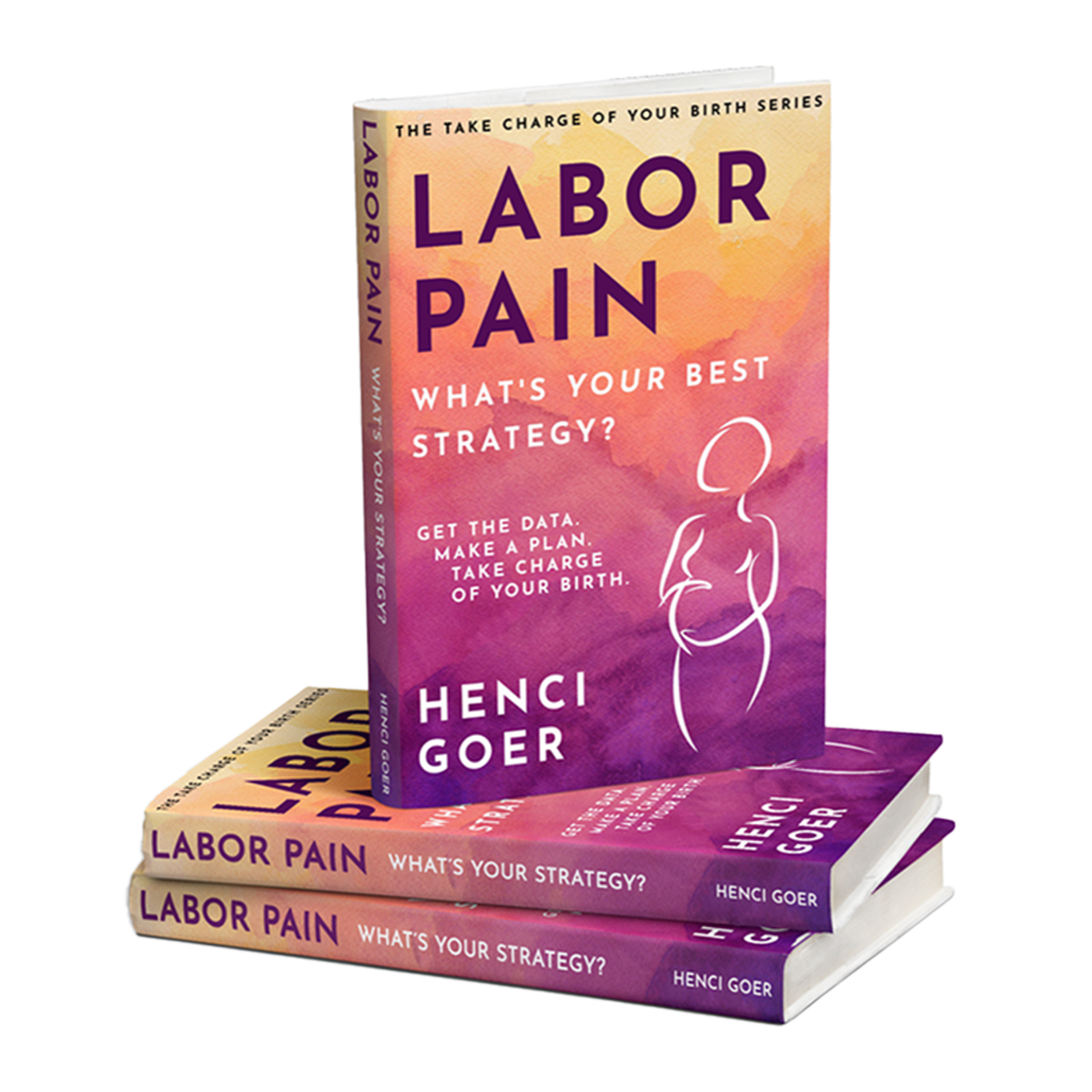 Two copies of a book titled "Labor Pain" by Henci Goer, with colorful watercolor-style cover art of a pregnant woman outline and text about strategies for childbirth planning.