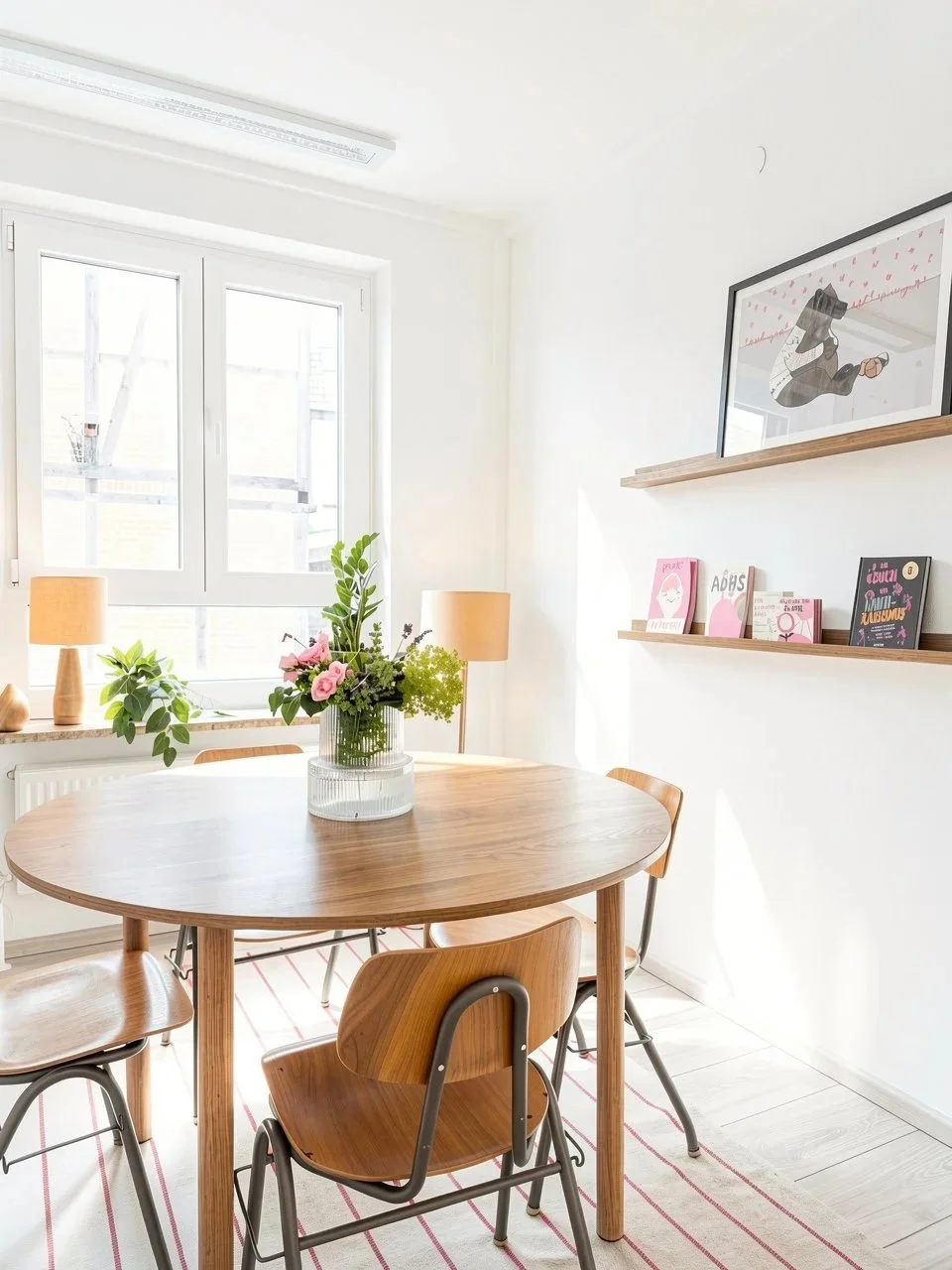 Helles Esszimmer mit rundem Holztisch, drei Holzhockern, einem Blumengesteck in einer Vase, einem Fenster im Hintergrund, zwei Lampen, einer weißen Wand mit Wandregalen, darauf liegenden Büchern, und einem Wandbild.
