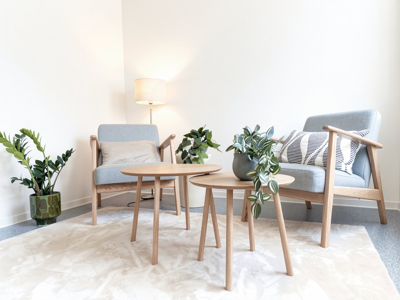 Gemütliches Wohnzimmer mit zwei Stühlen, zwei Beistelltischen mit Topfpflanzen, einem Bodenlampe und einem weißen Teppich.