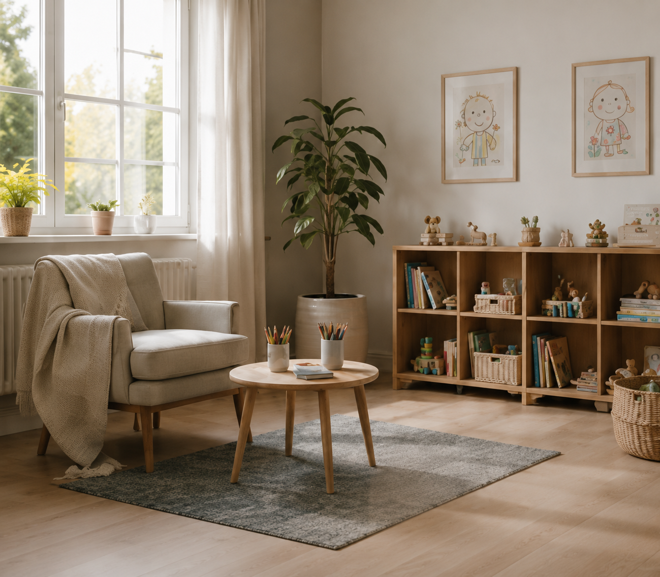 Ein gemütliches Kinderzimmer mit einem Bücherregal, einem Teppich, einem Sessel mit Decke, einer Tasse mit bunten Stiften und Kinderzeichnungen an der Wand.
