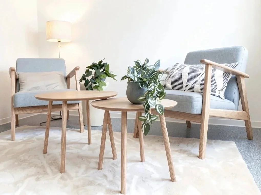 Modernes Wohnzimmer mit zwei Sofas, zwei kleinen Beistelltischen, einem Stehlampen, mehreren Pflanzen und einem weißen Teppich.