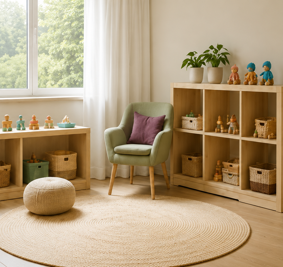 Ein gemütliches Kinderzimmer mit einem hellgrünen Sessel, einem runden Teppich, einem Bücherregal mit Spielzeug und Pflanzen, und einem Fenster mit Blick auf Bäume im Hintergrund.