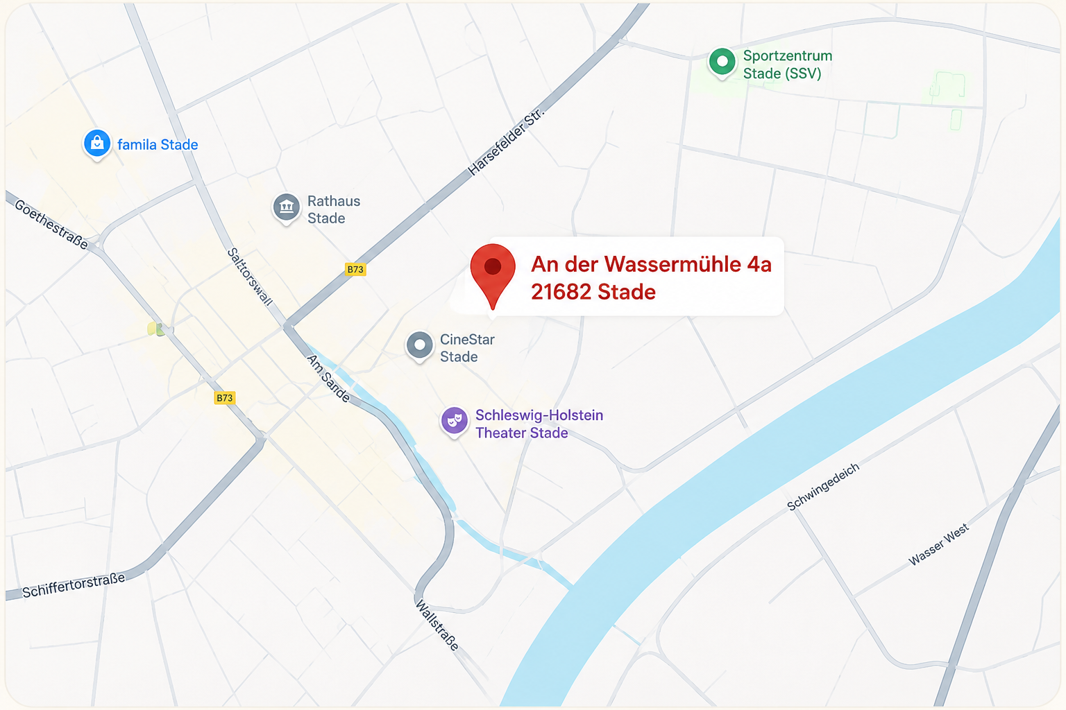 Karte mit Standortmarkierung an der Wassermühle 4a, 21682 Stade, Deutschland, mit umliegenden Straßen und Sehenswürdigkeiten