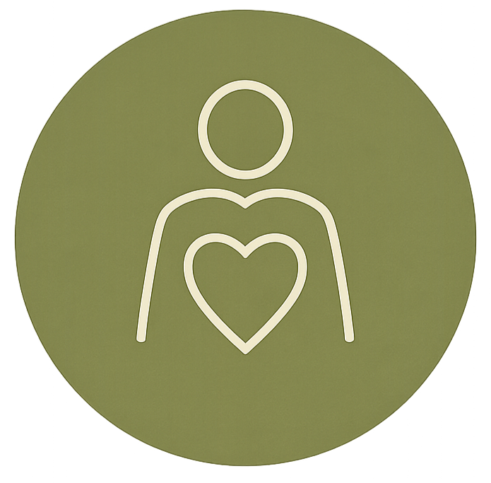 Ein stilisiertes Symbol einer menschlichen Figur mit Herz auf der Brust, in einer grünen Kreisform.