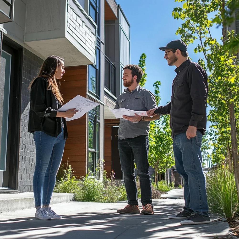 A young woman and two young men standing outside in front of a modern apartment building, engaged in a conversation while holding documents, with trees and a clear blue sky in the background.