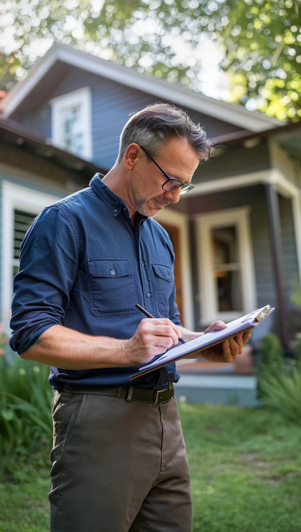 A middle-aged man with glasses, wearing a blue shirt, is standing outside in a yard, writing on a clipboard. A house with blue siding and white trim is in the background, along with green trees and grass.