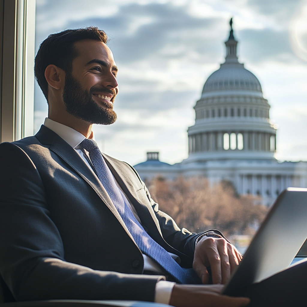 Confident man in a suit sitting by a window with the U.S. Capitol in the background, symbolizing mid-career federal resume services.